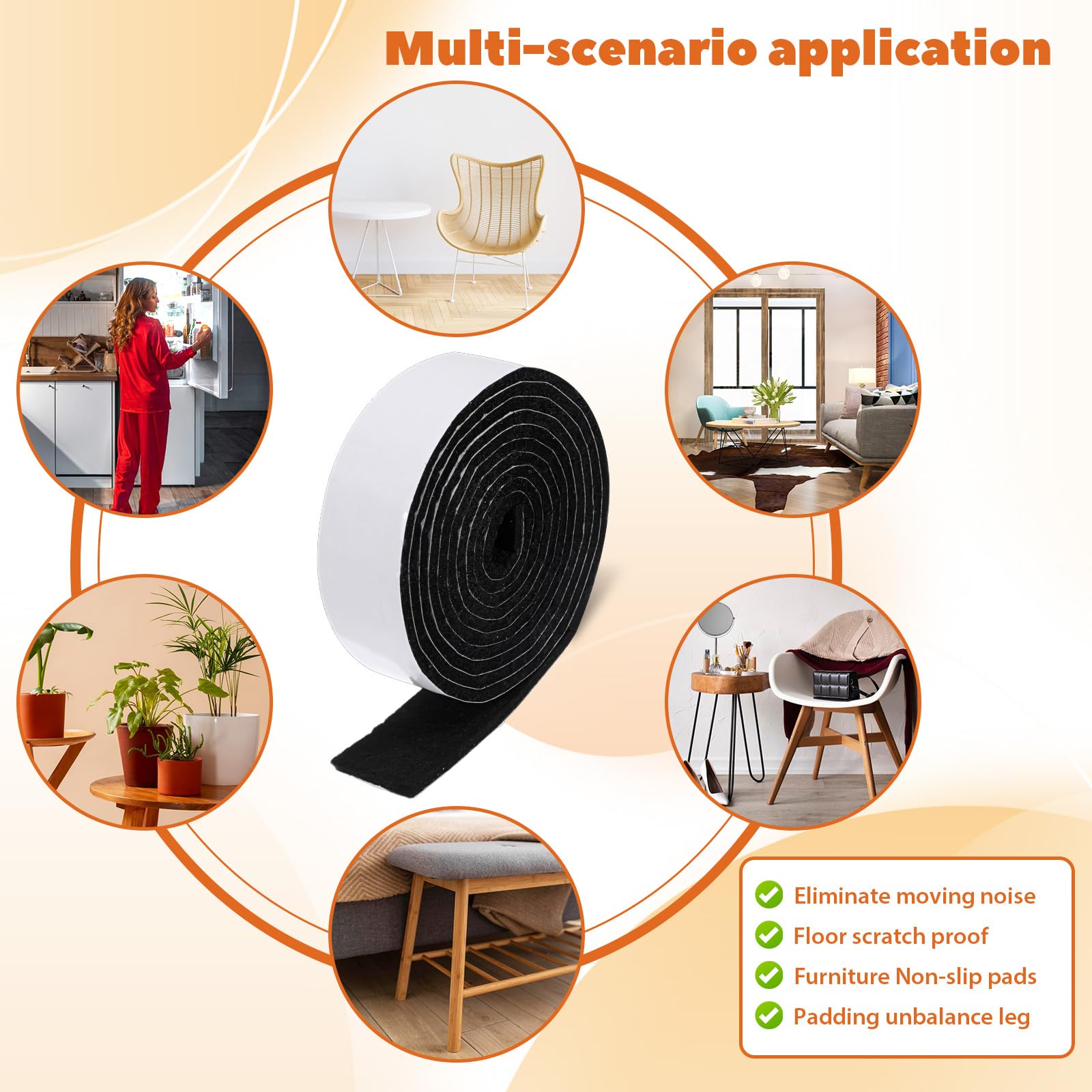 NBEADS Nastro Adesivo In Feltro Nero – 2 Rotoli Da 6 M (totale 12 M), Larghezza 5 Cm, Spessore 1 Mm, Antigraffio Per Mobili E Pavimenti