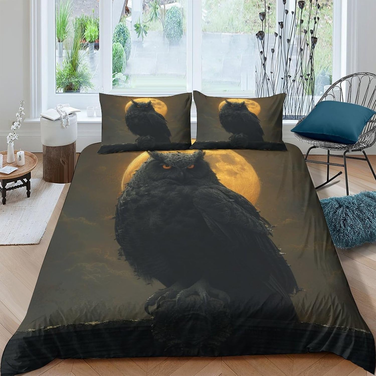 Housse couette imprimé chouette 200x200 pour chambre enfant facile à border avec son zip