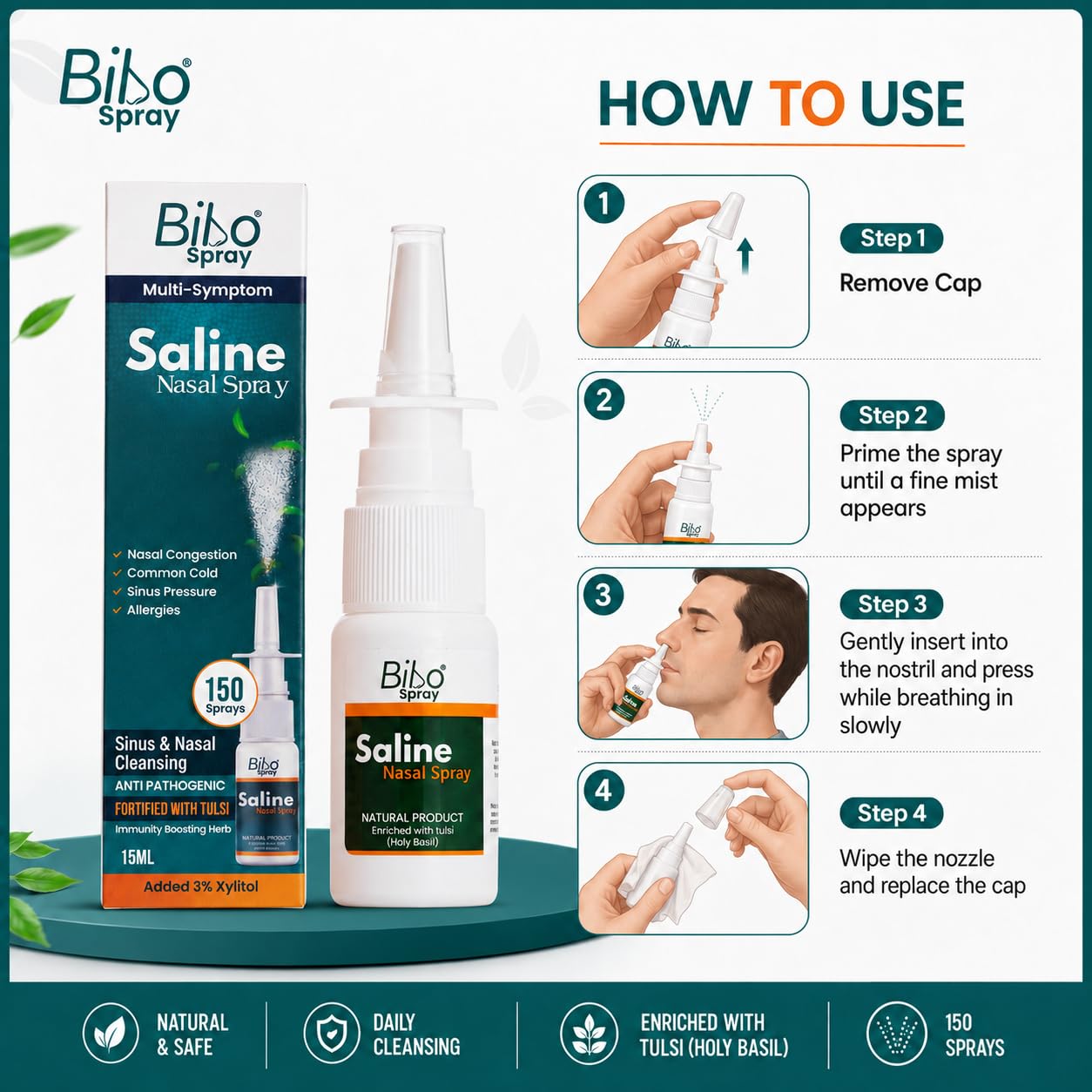 Bibo Saline Nasal Spray with Tulsi & 3% Xylitol for Daily Nasal Cleansing, 150 Sprays, 15 ml 4