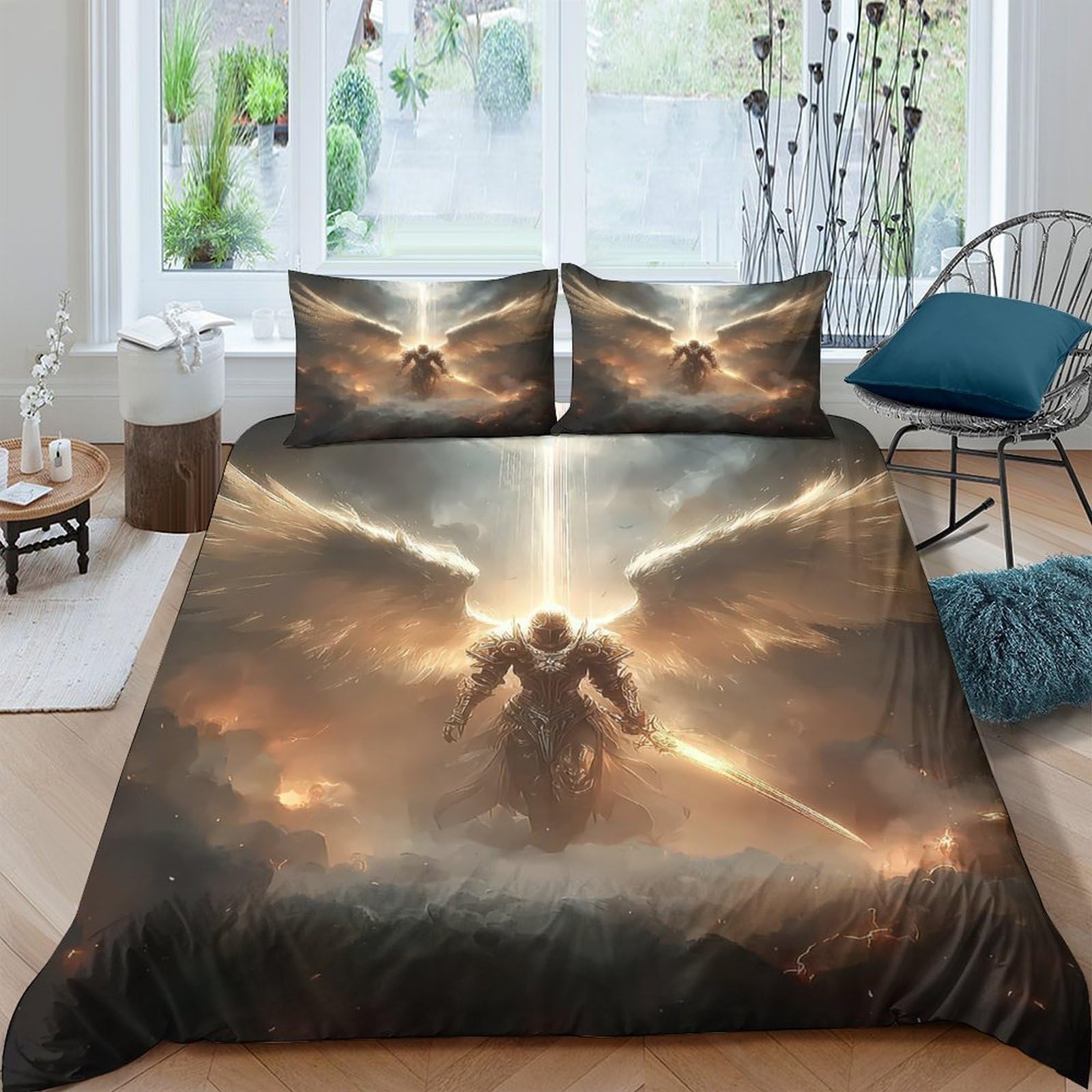 Ctjqhvkz Style-2 3D Printed Angel Warrior Fitted Sheet Microfiber Soft Breathable Golden Light Mattress Cover For Bedroom Home Decor Single（135X200cm）
