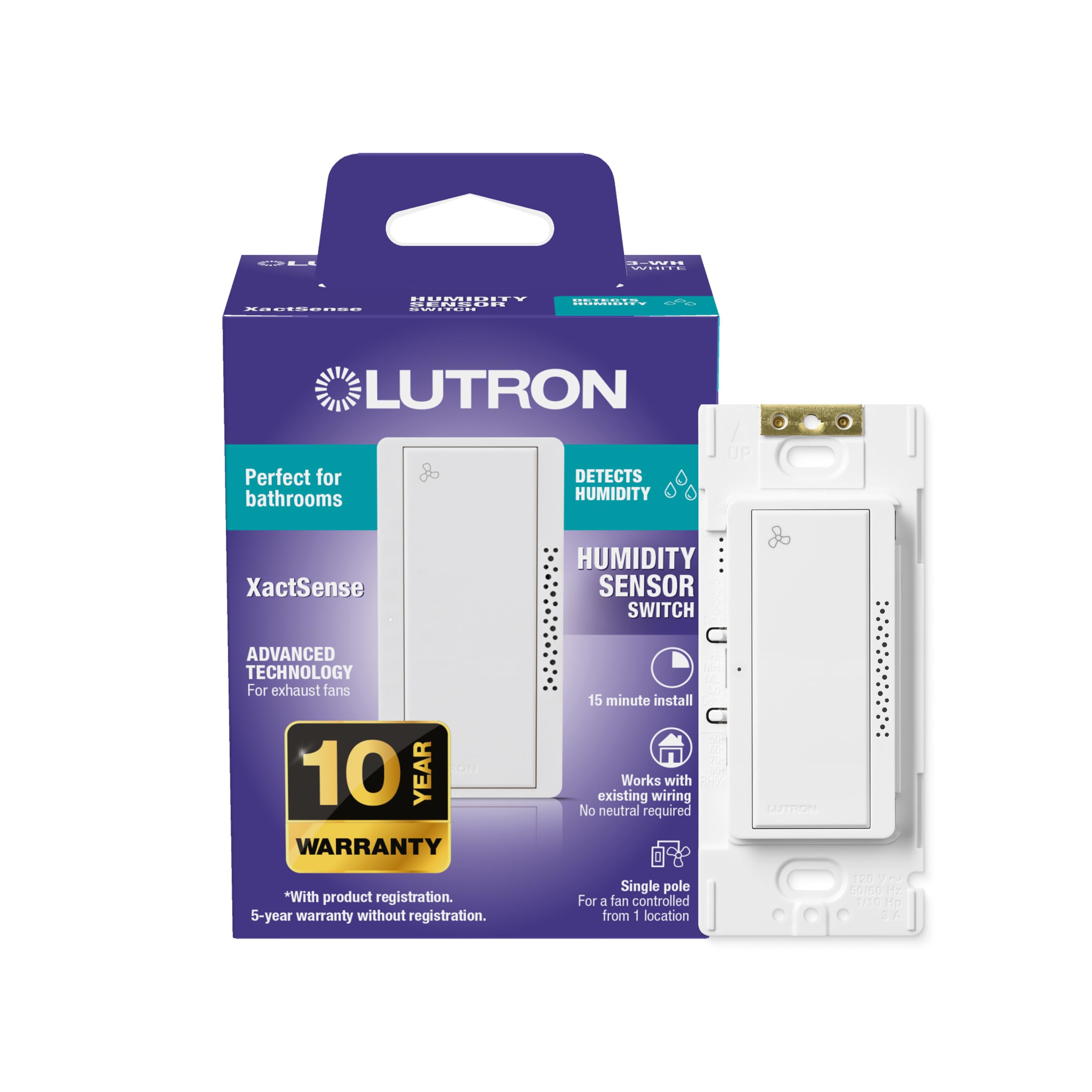 Lutron Humidity Sensor Switch, 3 Amp Single Pole, for Exhaust Fans