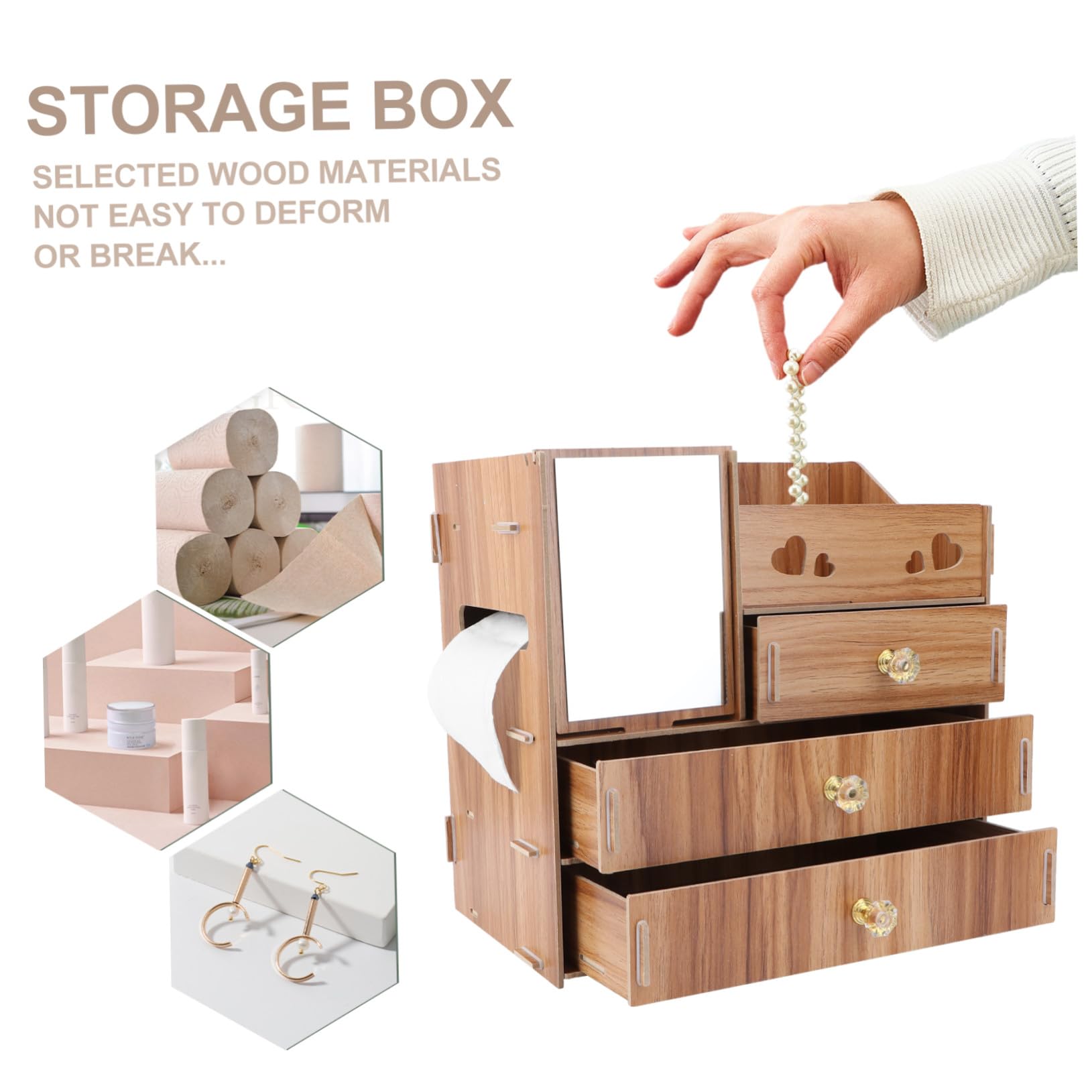 Boîte de Rangement Cosmétique en Bois Miroir et Tiroirs