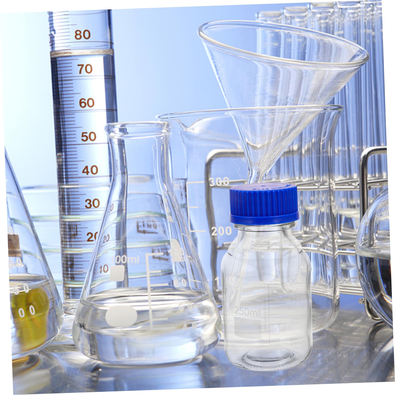 MAGICLULU Set 4 Bottiglie di Vetro Graduato da 250ml con Tappo a Vite Blu, Resistenti Agli Urti e Lavabili, per Laboratorio e Conservazione Reagenti in Ambienti Chimici