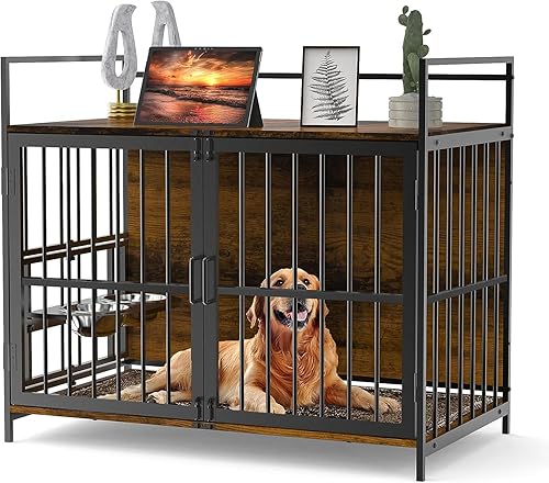 Jaula grande para perros de 41 pulgadas estilo mueble con alimentador elevado ajustable de 360 y 2 cuencos de acero inoxidable, almohadilla de mesa