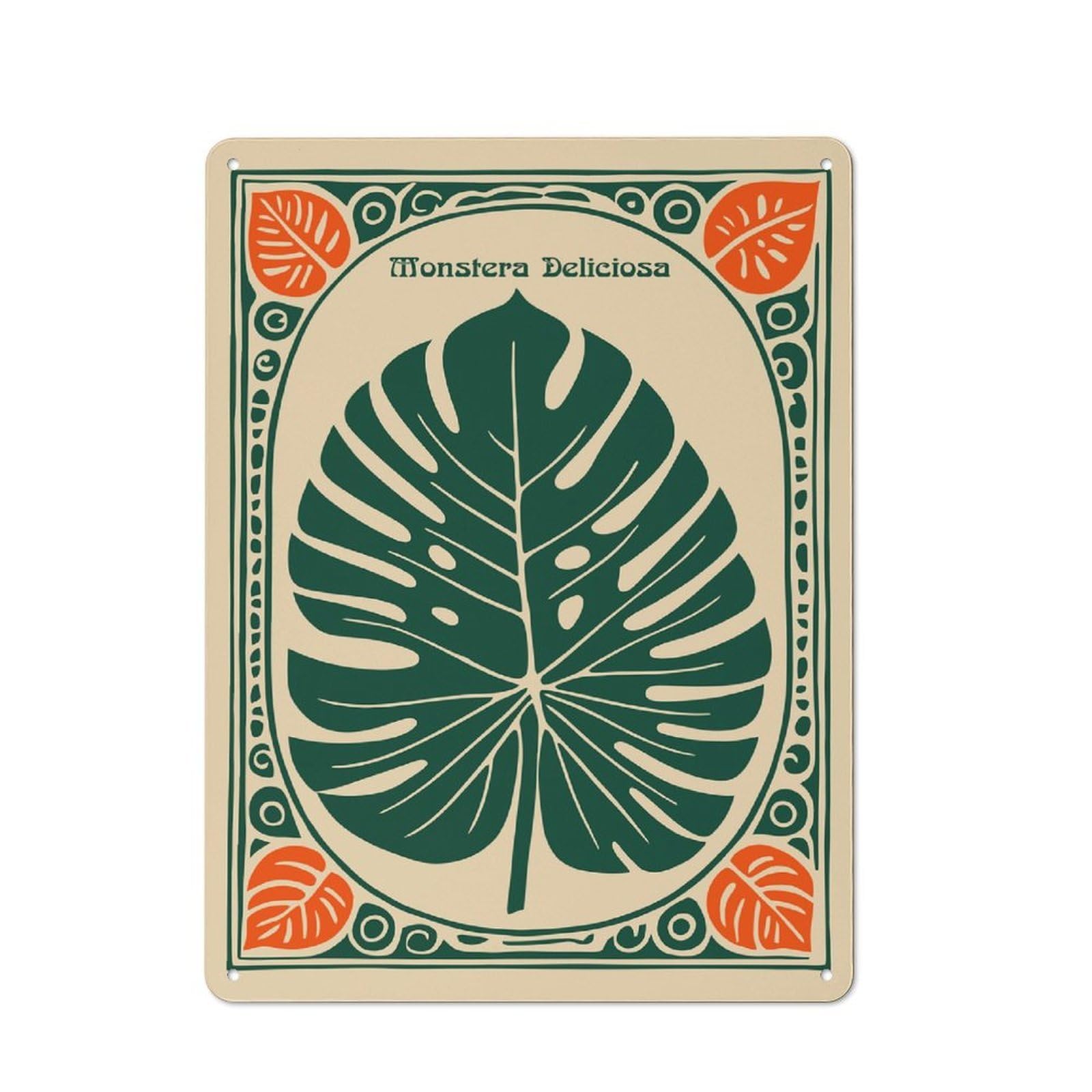 Junmoney Style-6 Retro-Style Tin Sign 40X30cm Featuring Monstera Deliciosa Leaf Illustration For Hallway Wall, For Garage, Workshop And Man Cave Decoration