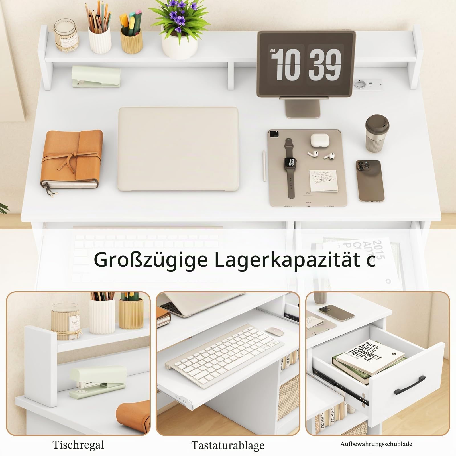 LIFEZEAL Computertisch mit Tastaturauszug, Schreibtisch Holz mit Steckdose & Ladestation, Bürotisch mit Ständer, PC Tisch für Arbeitzimmer Büro homeoffice (weiß)