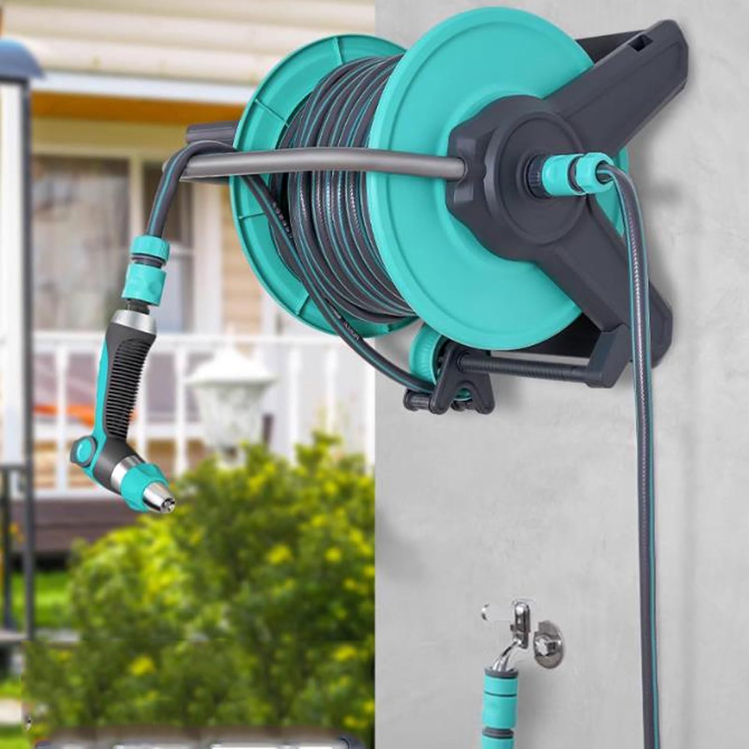 Water pipe storage rack 30M/100Ft 1/2'' Hose Reel Rack with Hose Guide, Garden Washer Hose Reel Cart with Mounting Bracket, with 10 Pattern Sprayer Nozzle, Wall Mounted or Floor Standing Hose Holder S