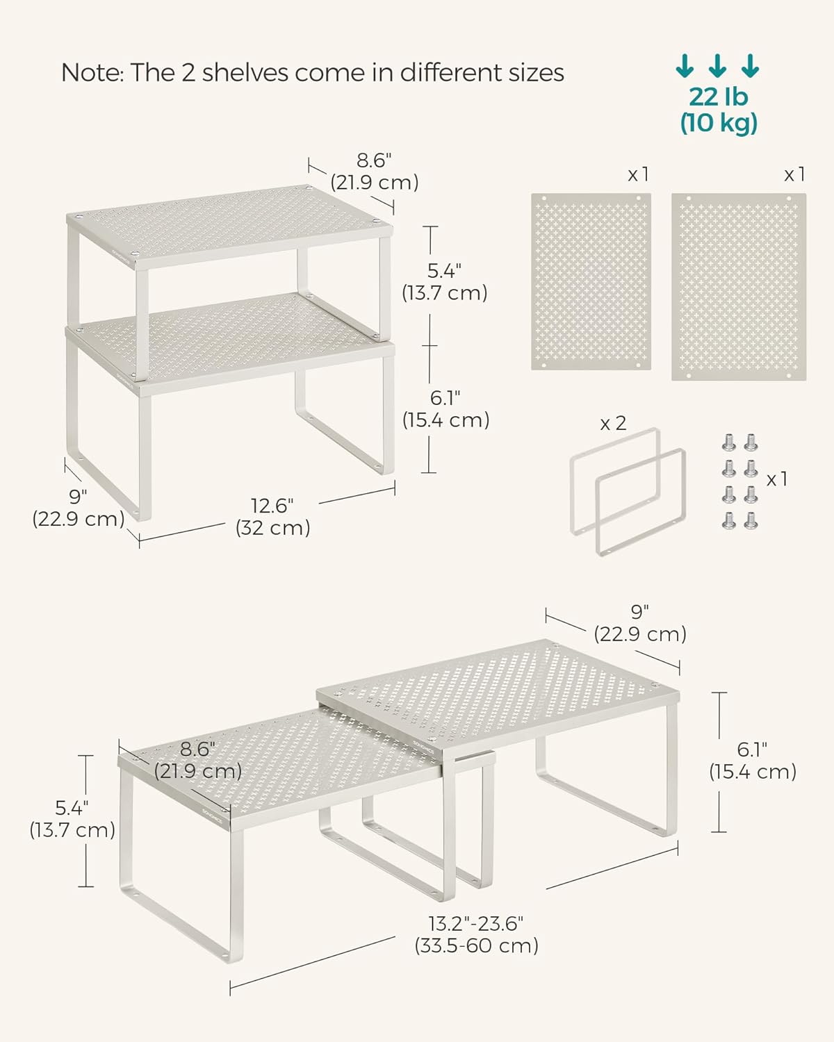SONGMICS Spice Racks, Set of 4 Metal Cabinet Shelf Organizers, Countertop Organizers, Shelf Risers, Stackable, Expandable, Oatmeal Beige UKCS006K01 - Image 6