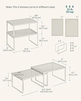 SONGMICS Spice Racks, Set of 2 Metal Cabinet Shelf Organizers, Countertop Organizers, Shelf Risers, Stackable, Expandable, Oatmeal Beige UKCS001K01