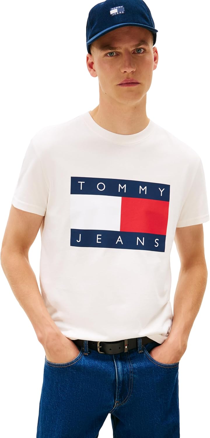 Tommy Jeans Mens Short Sleeve Cotton Graphic T-Shirts with Big Flag Logo Design