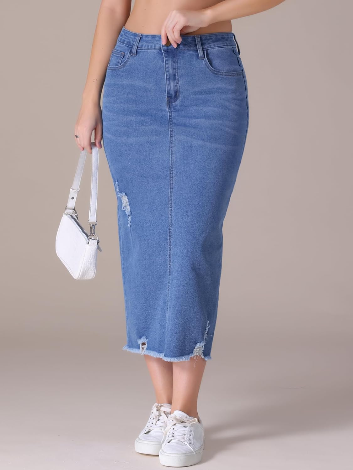 Women's Long Denim Skirt Mid Waisted Stretch Ripped Raw Hem Split Casual Pencil Midi Jean Skirts - Image 3