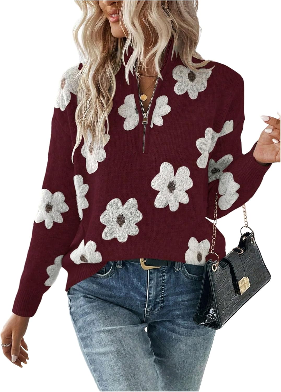 SOLY HUX Women's Quarter Zip Floral Sweaters Long Sleeve V Neck Casual Pullover Going Out Sweater Tops