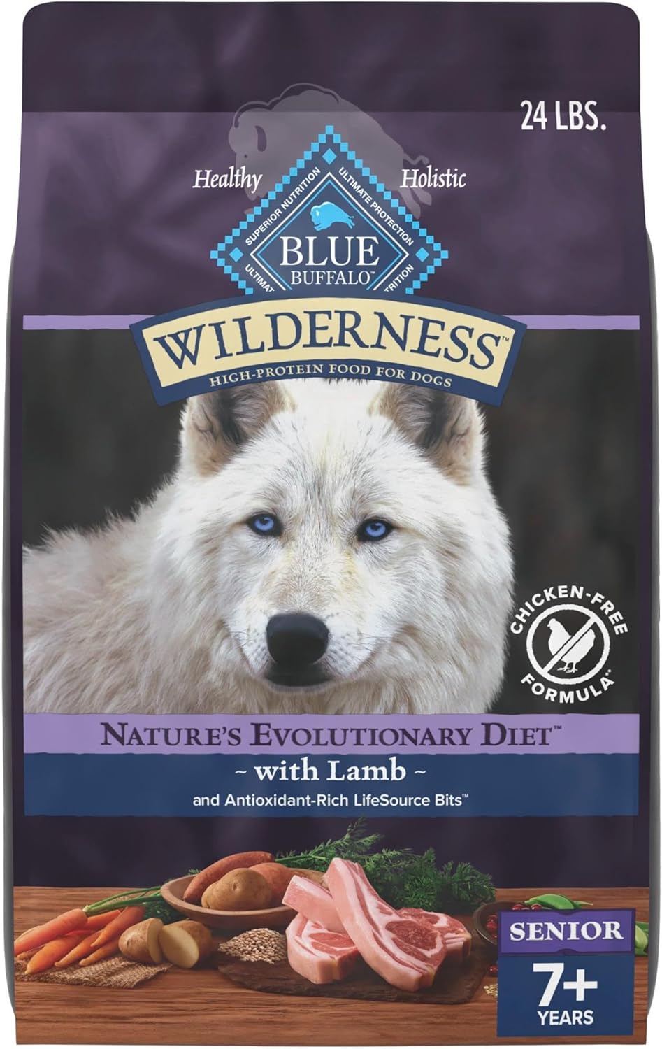 Blue Buffalo Wilderness 31 g Protein, Meat Rich Natural Dry Senior Dog Food, Lamb, Chicken-Free Formula, 24lb Bag