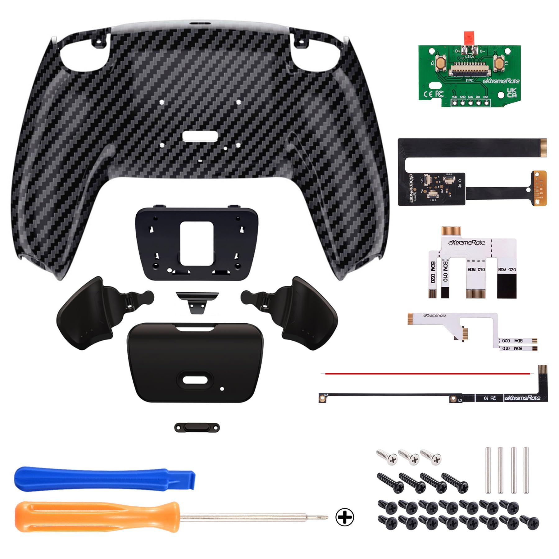 eXtremeRate Graphit-Kohlefaser-Muster Rise 2.0 Remap-Kit für PS5-Controller BDM-010 BDM-020, Upgrade-Board und neu gestaltete Rückschale und Rücktasten, Controller Nicht im Lieferumfang enthalten
