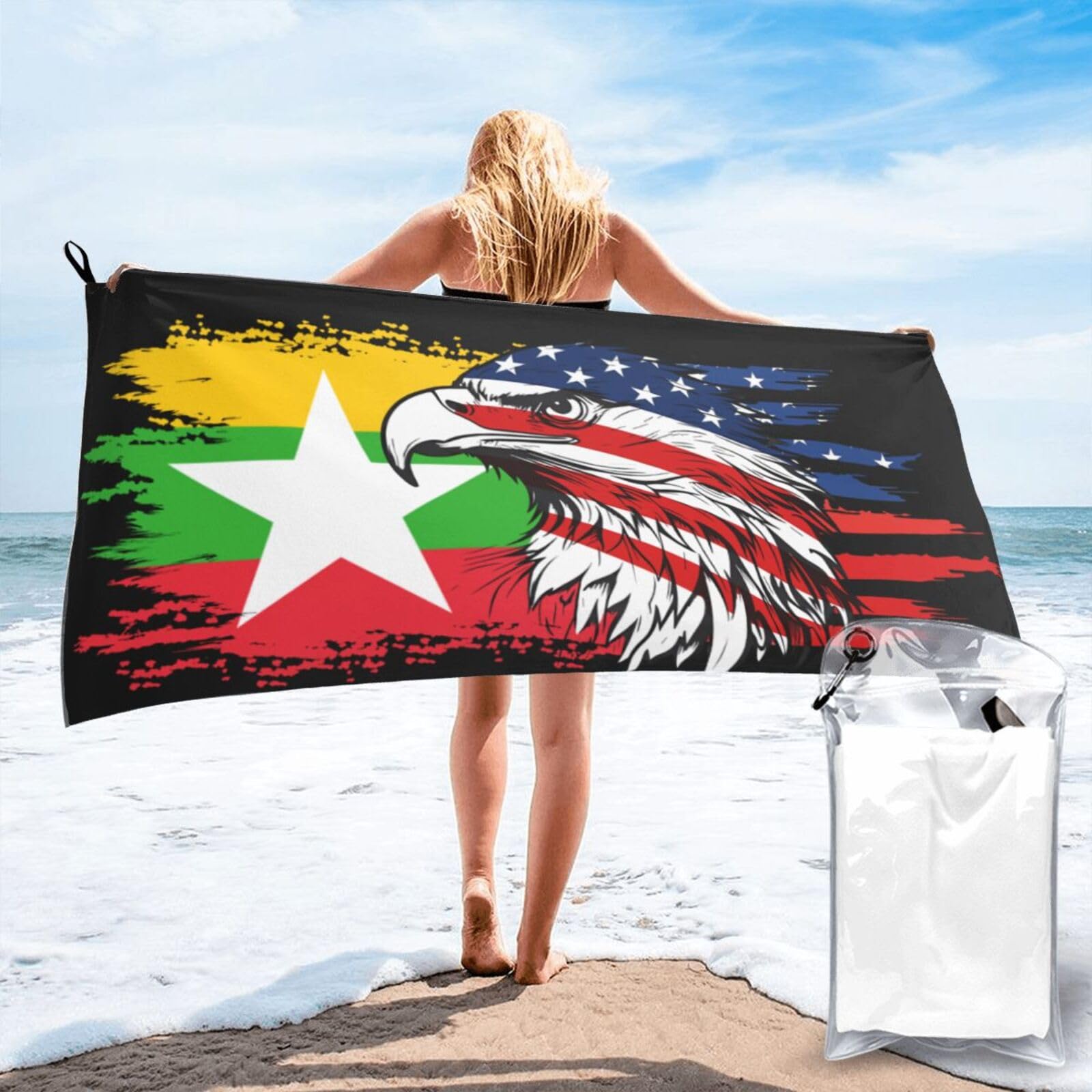 HACXZ America Flag and Myanmar Myanmarese Flag Microfiber Beach Towel Lightweight Absorbent Travel Pool for Men Women 31.5"X63"