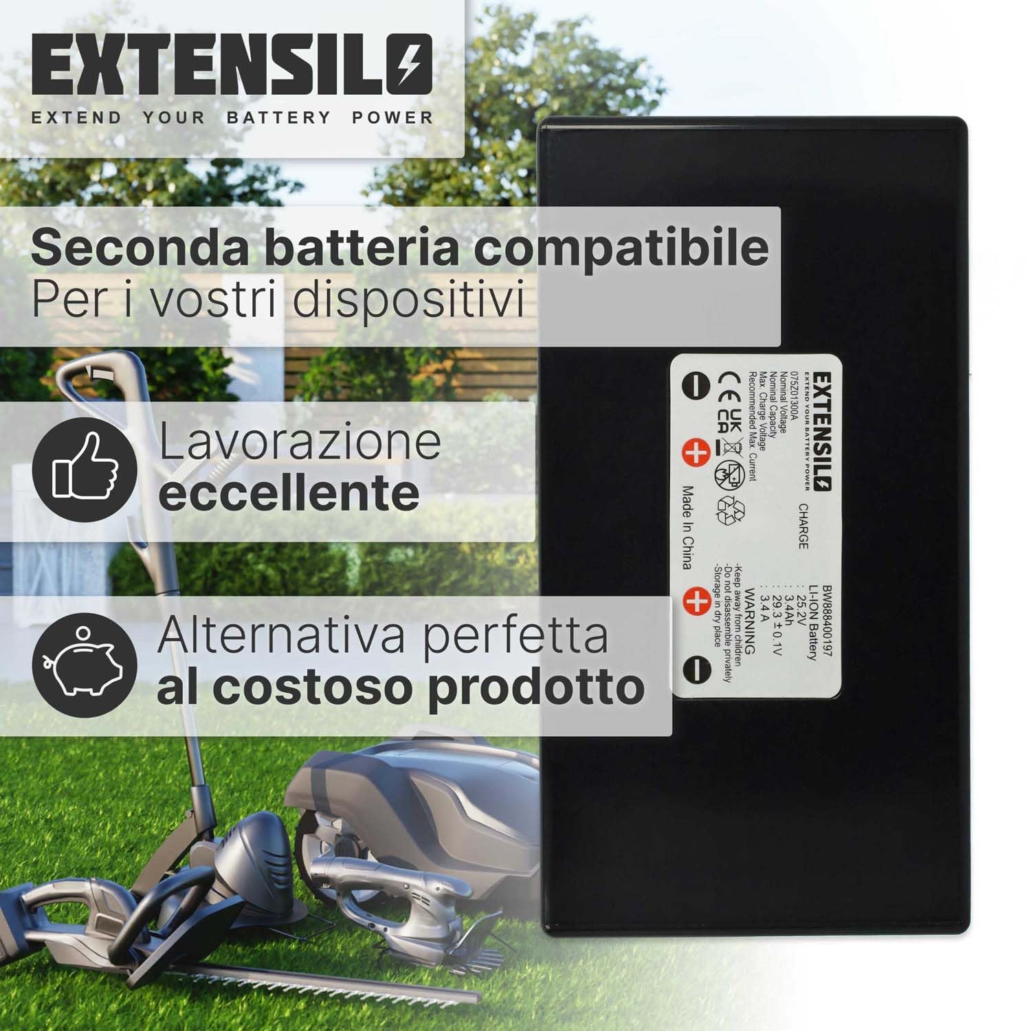 batteria compatibile con Wiper C Xe, Ciiky XE, Ciiky XH, C12, C20, C6, C8, Joy tagliaerba, robot tagliaerba (3400mAh, 25,2V, Li-Ion)