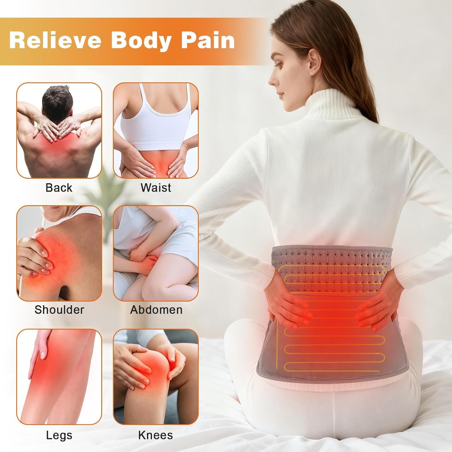 Faja lumbar calefactora 122 x 30 cm, termoforo lumbar con 10 niveles de temperatura y 4 ajustes de tiempo, termoforo eléctrico para la espalda, lavable, para espalda, cuello, hombros, abdomen