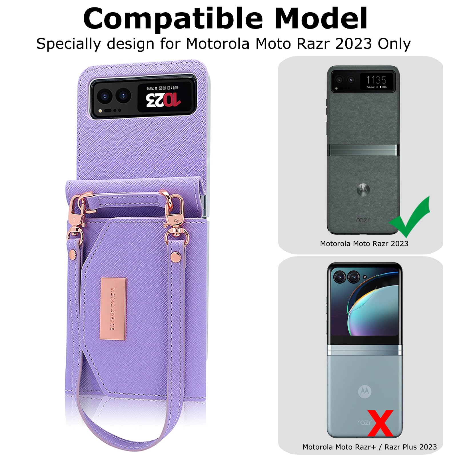 YQODSZ for Motorola Razr 2023 Wallet Case with Wrist Strap, Women Ladies Motorola Razr 2023 Flip Cover Card Holder Wristlet Strap Hinge Protection Motorola Razr 2023 Carrying Handbag Case Purple
