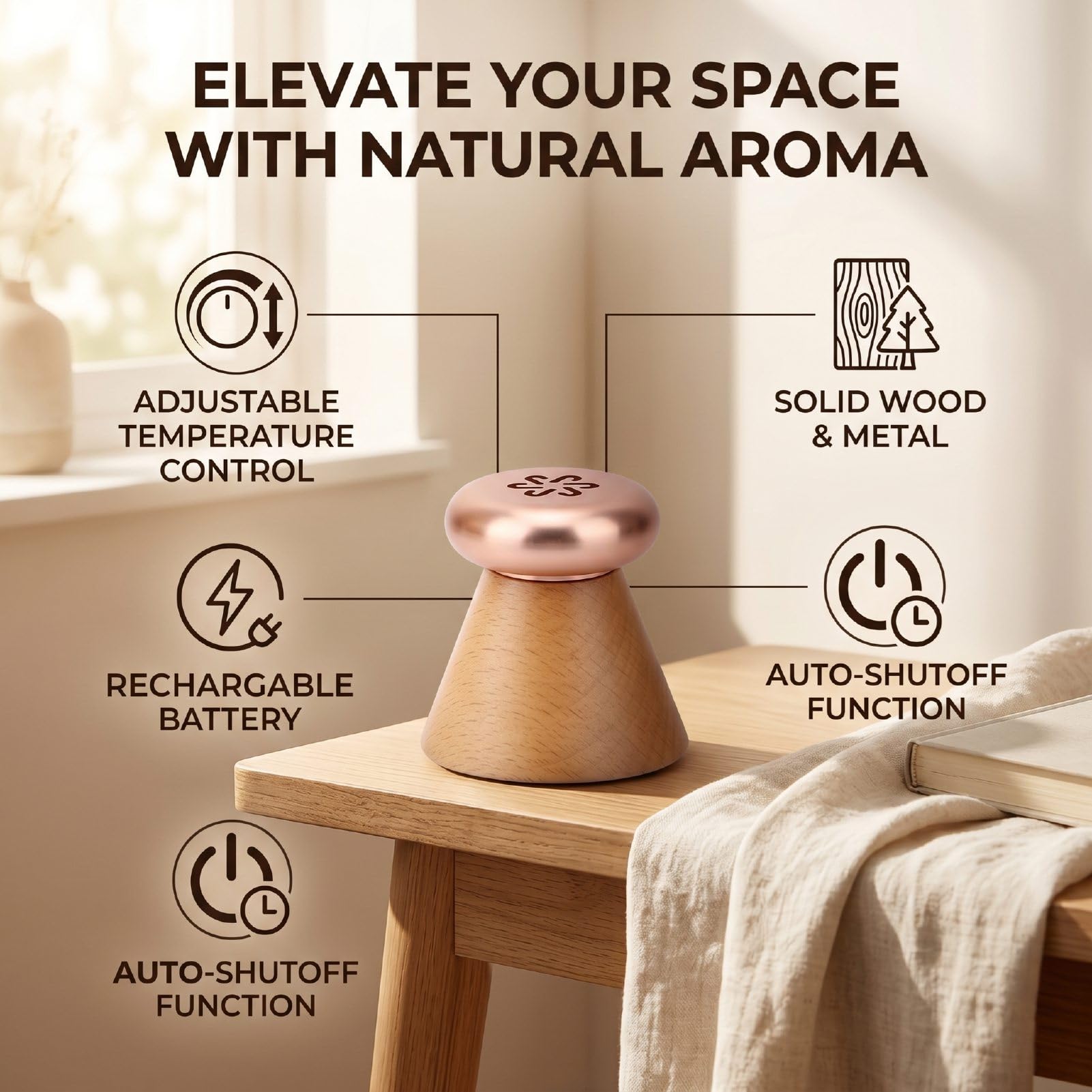 Difusor de Eléctrico, Difusor de Aceite Esencial sin Agua Recargable de Madera Maciza 750 MA, Carga de 2 Horas Apagado Automático Control de Temperatura para Dormitorio