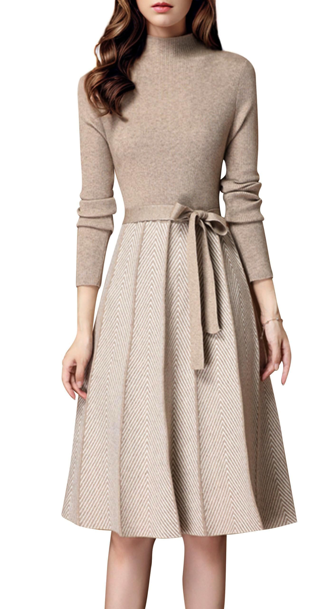 LAI MENG FIVE CATS Womens Elegant Knit Long Sleeve Sweater Stripes Pullover Fall Midi Dress