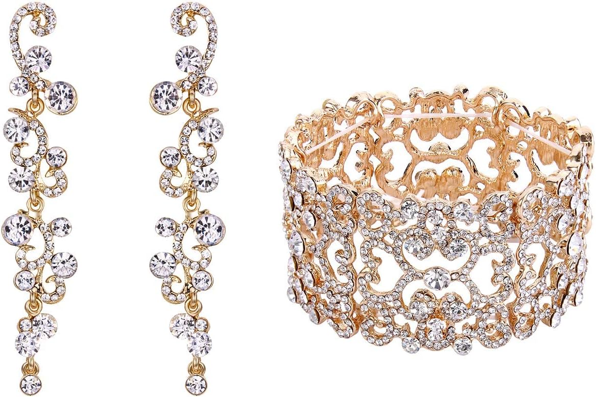EVER FAITH Women's Austrian Crystal Bride Heart Art Deco Elastic Stretch Bracelet Flower Wave Dangle Earrings Set Clear Gold-Tone