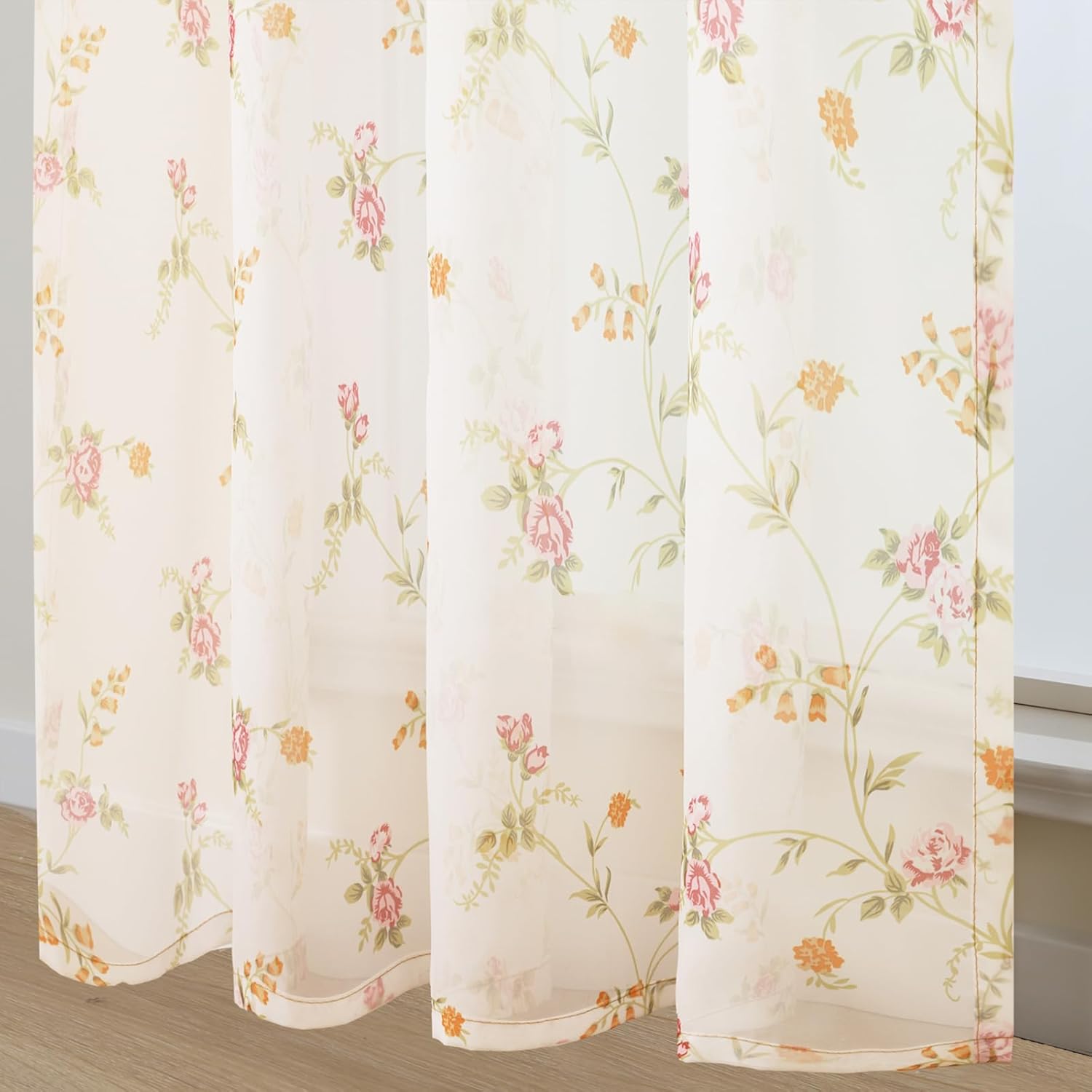 L.Z.E Floral Sheer Curtains for Living Room 63 Inch Length 2 Panels Set, Spring Sheer Curtains & Drapes for Bedroom Girls Room Nursery Grommet Top with Tiebacks Short Voile (56" W x 63" L)