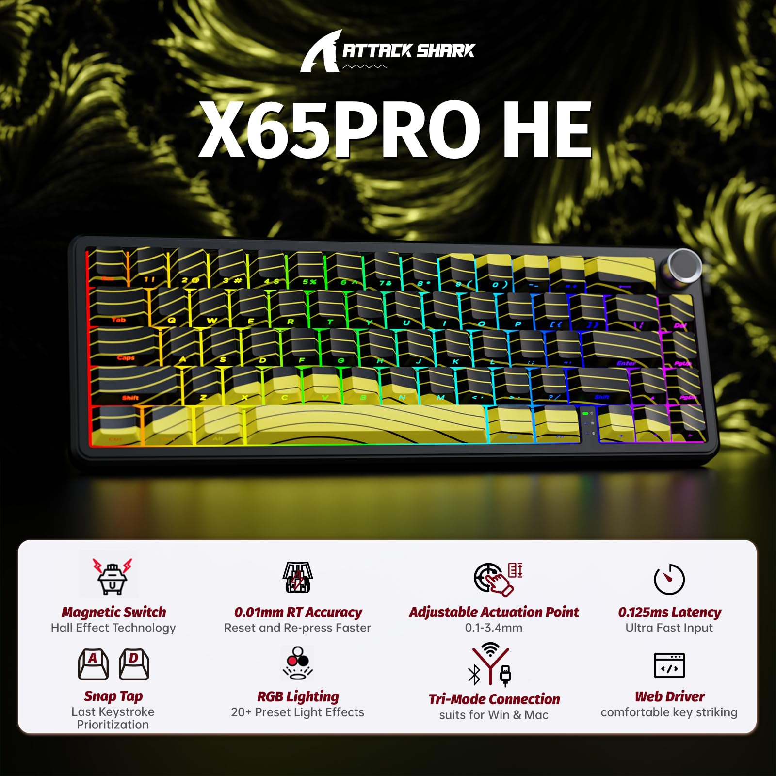 ATTACK SHARK X65PRO HE Teclado Gaming Inalámbrico Rapid Trigger 60%, Precisión RT 0,01mm, 8000Hz, Interruptor Magnético, Actuación Ajustable, Iluminación RGB, Perilla Metálica, para PC/Mac, Amarillo