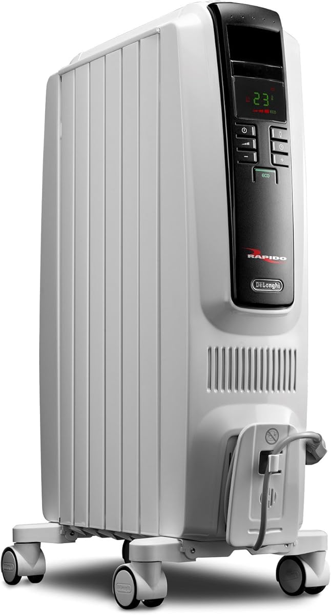 De'Longhi Oil-Filled Radiator Space Heater, Quiet 1500W, Adjustable Thermostat, 3 Heat Settings, Timer, Energy Saving, Safety Features, White, Dragon TRD40615ECA