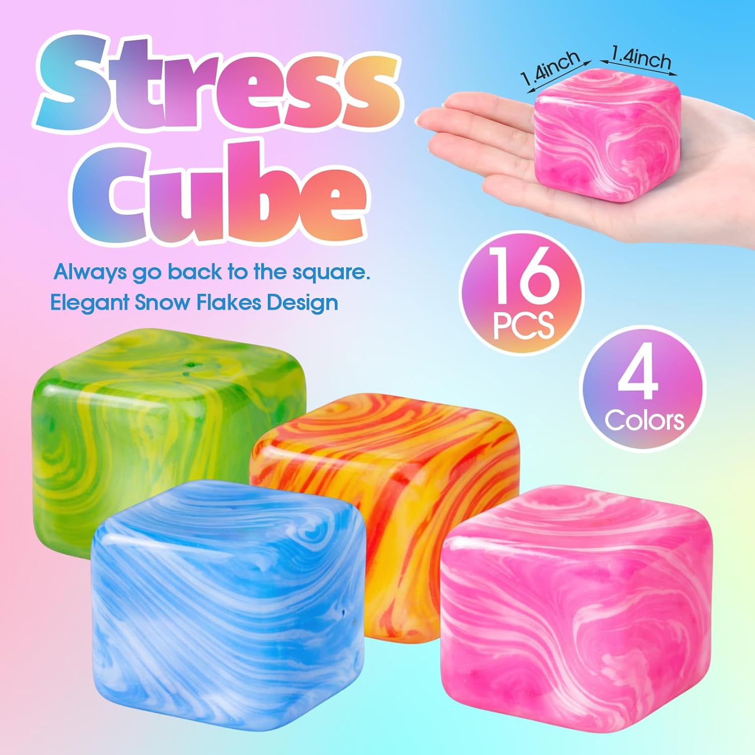 16 Pcs Fidget Stress Cube Bulk Ice Cube Stress Ball Anxiety Relief Soft Squeeze Sensory Ball for Party Favors Prizes Goodie Bag Stuffers (Pink,Blue,Green,Orange)
