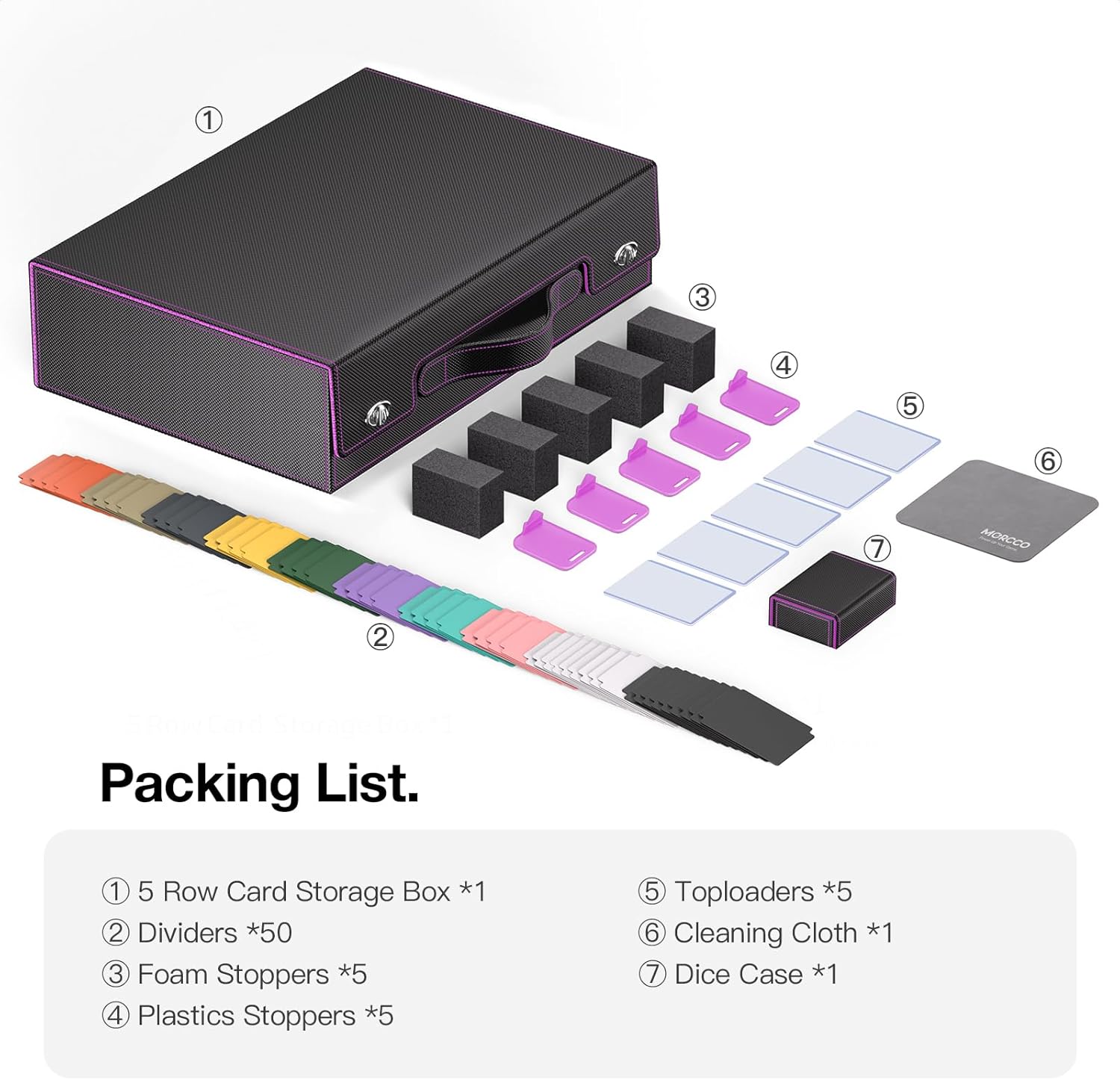 Trading Card Storage Box with Handle & Metal Latch,5-Row 3900+ MTG Card Case with Commander Display, Top Loaders Organizer Deck Box for TCG Sports Cards (Black Purple)