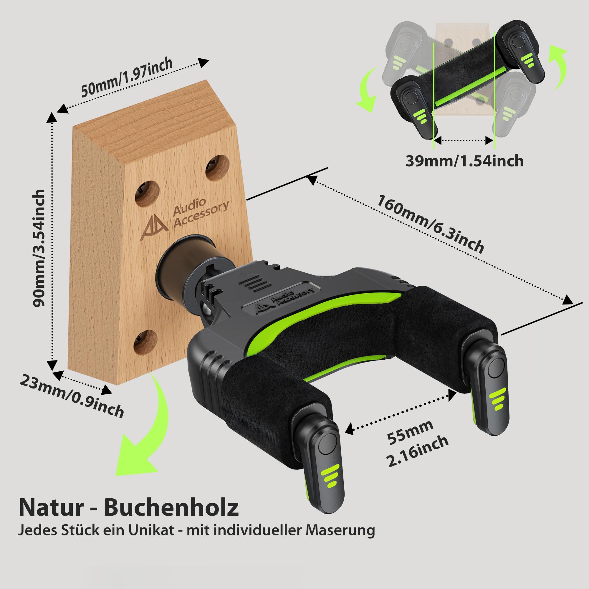 AA AUDIO ACCESSORY 2er-Pack Gitarrenhalter für die Wand mit Autoverriegelung, Nitro-freundlicher Samthaken, 4-Schrauben-Holzfuß, bis 9 kg Tragfähigkeit für Bass, Akustik-, Klassik- und E-Gitarre
