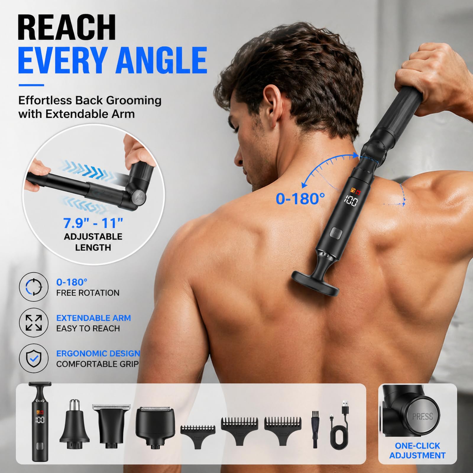 Rasoio Elettrico Per La Schiena Da Uomo, Depilatore Corpo Uomo Kit 5 In 1 Con Braccio Ausiliario Allungabile, per viso, Mento, Braccio, Schiena, Peli Pubici (A)