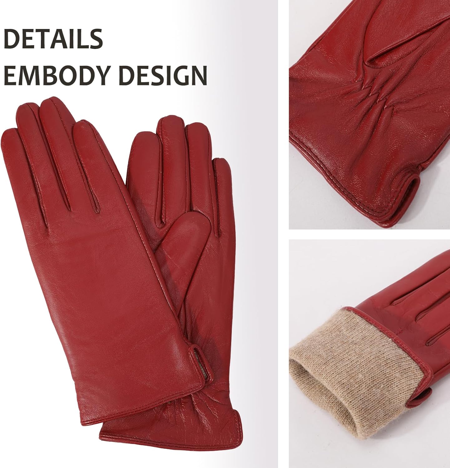 Leather Gloves for Women Winter Full Touch Screen Genuine Leather Warm Cashmere Knitted Lining - Image 5