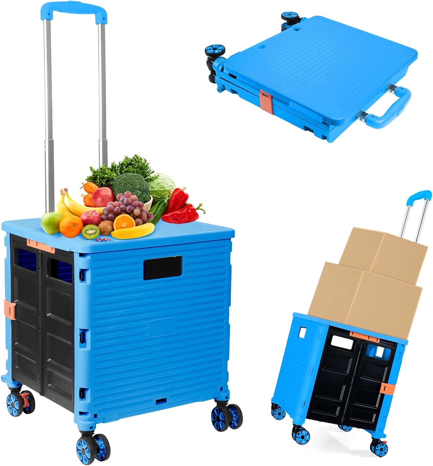 Foldable Utility Cart Folding Portable Rolling Crate Handcart Shopping Trolley Wheel Box with Lid Wear-Resistant Noiseless 360°Rotate Wheel for Travel Shopping Moving Storage Office Use (Sky Blue) Light Blue PRO