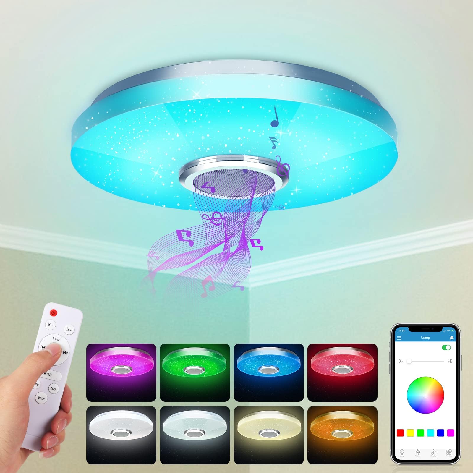 36W LED Ceiling Light with Bluetooth Speaker, Intelligent with Remote Control and APP Control, RGBW Colour Change, Adjustable for Bedroom, Kitchen, Bathroom, Nursery, Living Room Ø 30cm