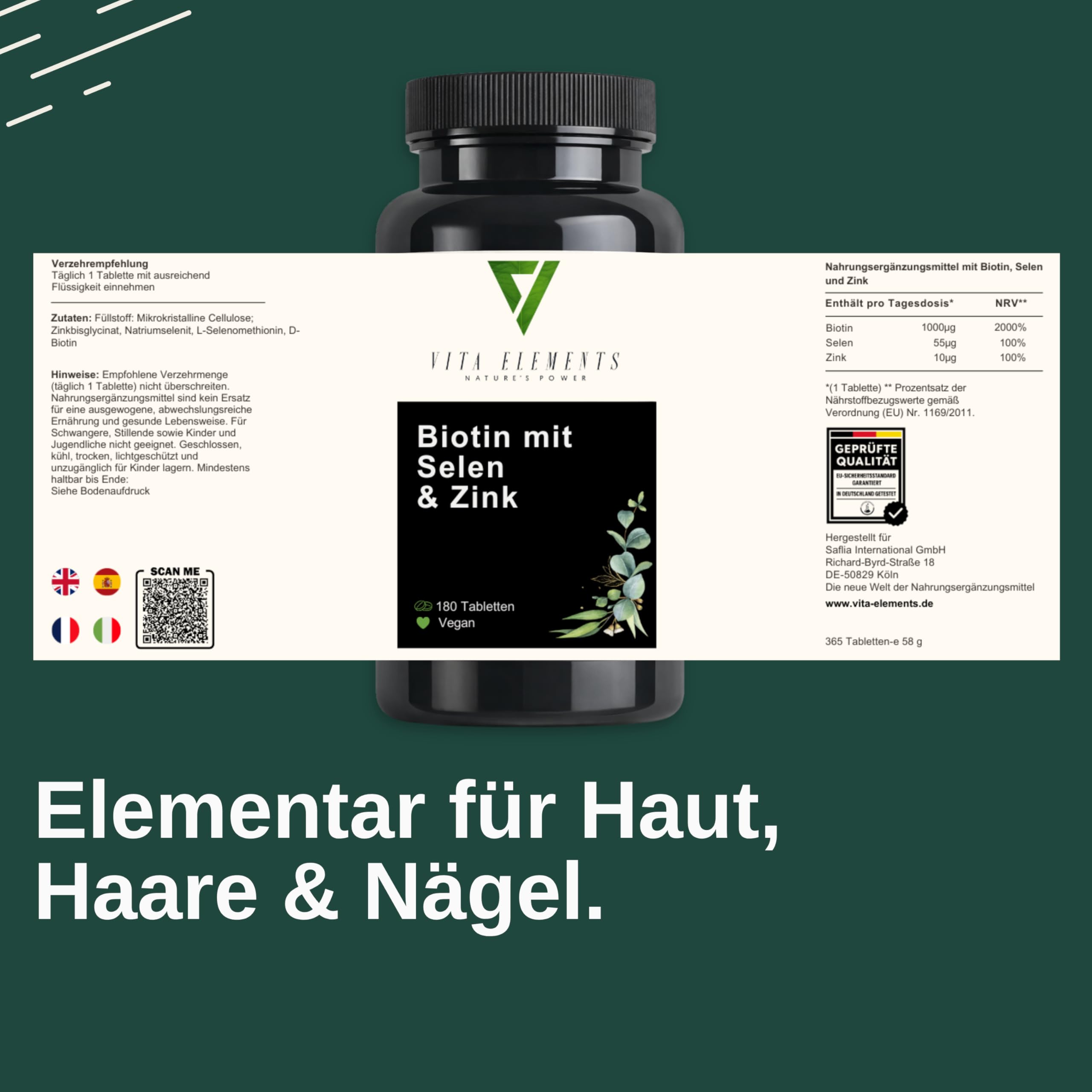 Vita Elements Biotin Selen Zink Komplex - 365 Vegane Tabletten - Jahresvorrat - Hochdosiert - Für Haut Haare Nägel - Laborgeprüft - Ohne Magnesiumstearat