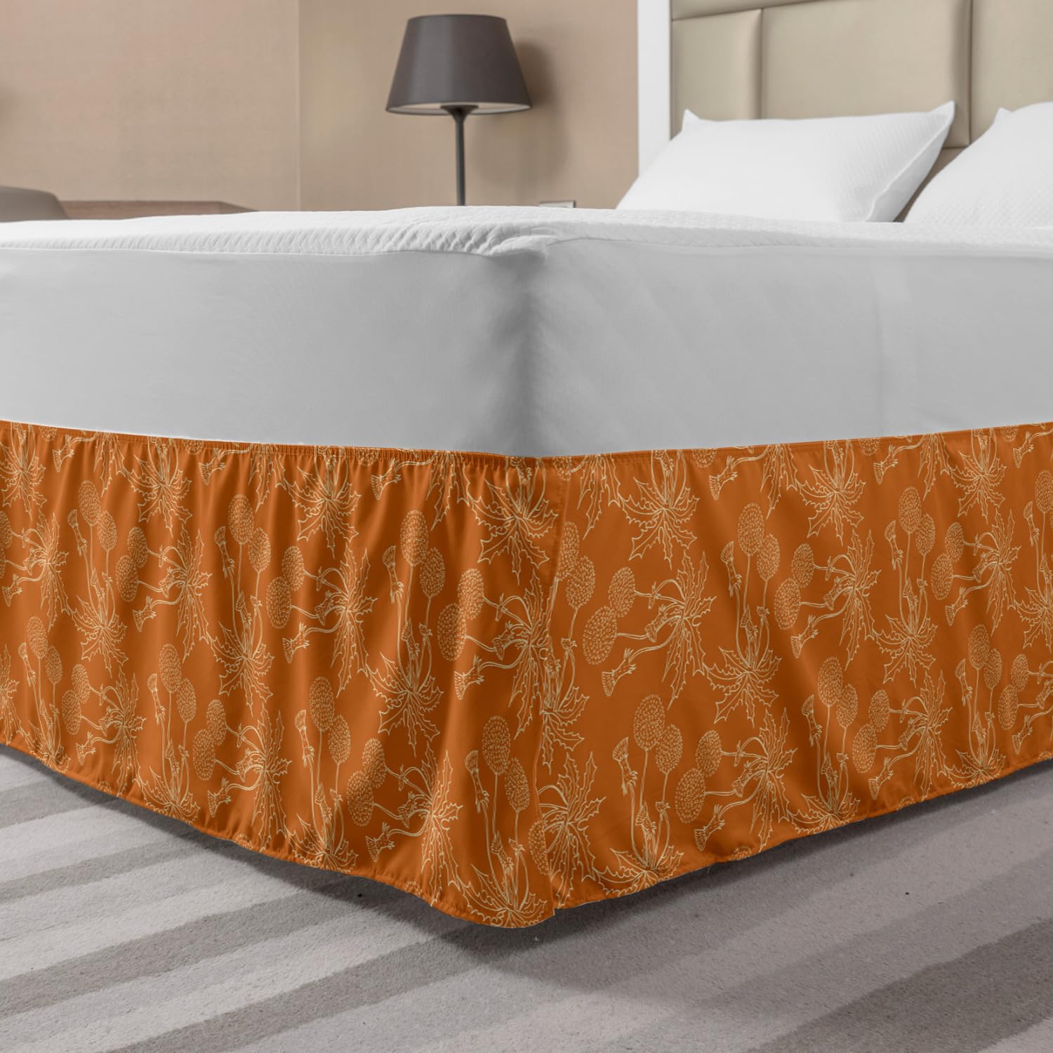 Ambesonne Burnt Orange Elastic Bed Skirt, Dandelions Poppies and Wildflowers Silhouettes Romantic Garden Art, Wrap Around Fabric Bedskirt Dust Ruffle