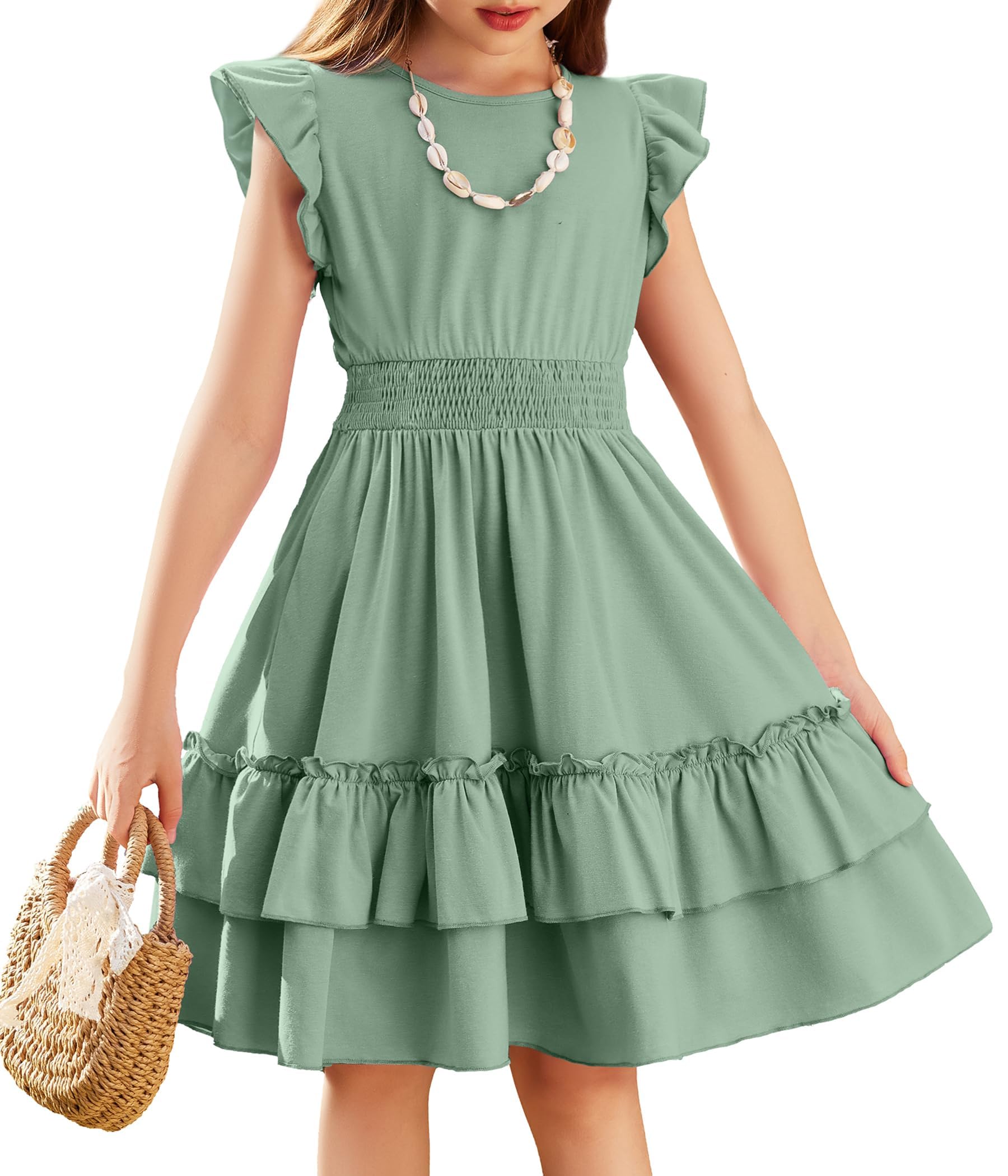 Arshiner Girls' Dresses Flutter Sleeves Children's Summer Cotton Festive Dress A-line Waist Lace Up Casual Dress Swing Dress Elegant Sleeveless Dress for Girls 5-13 Years