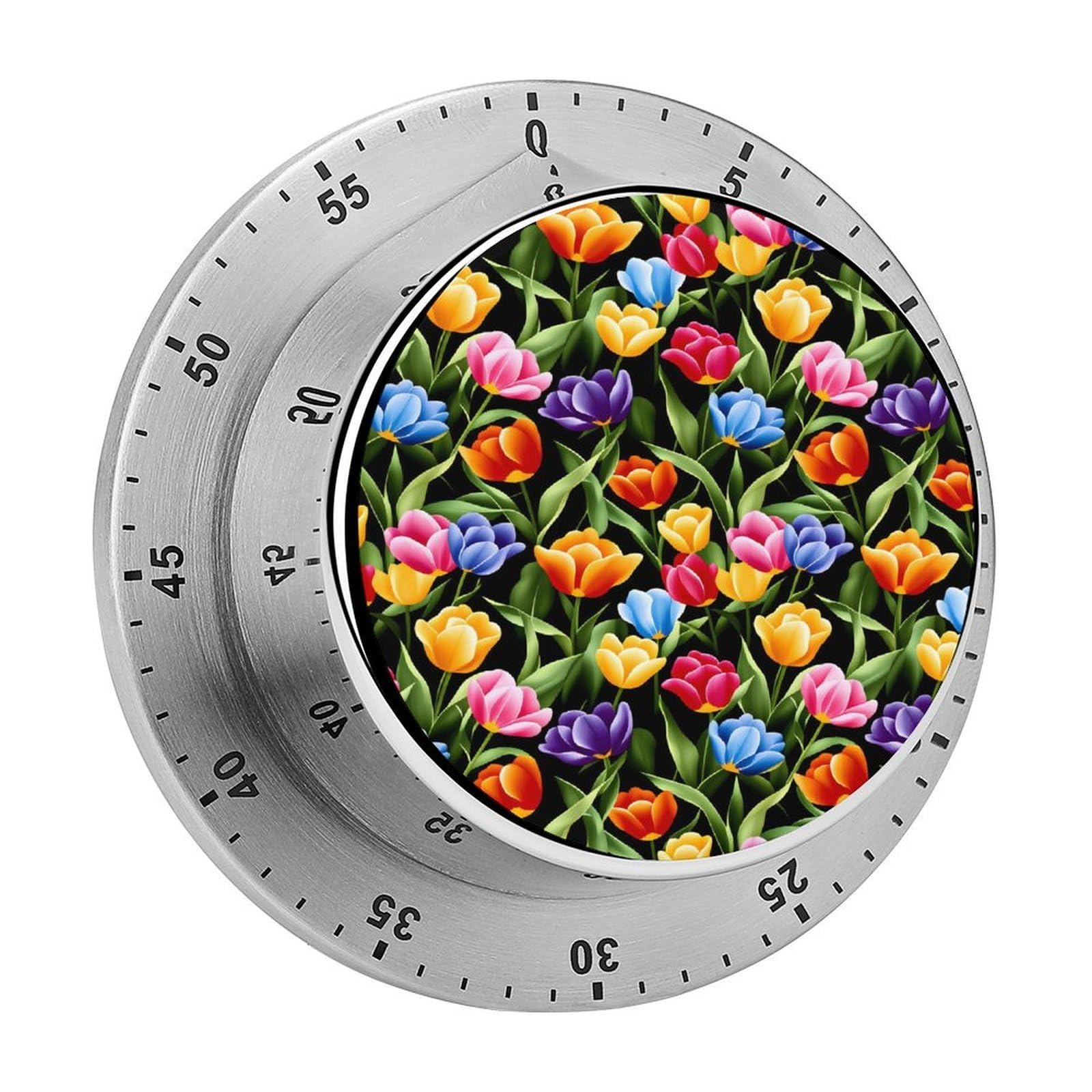 Colorful Tulip Flower 60 Minute Wind Up Timer,Visual Mechanical Magnetic Timer with Loud Alarm for Kitchen