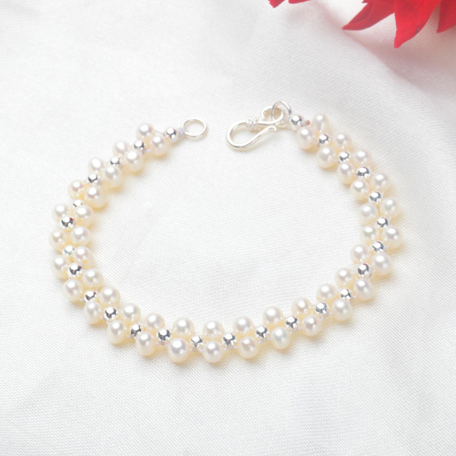 SALAN Mini Bracciali di Perle d'Acqua Dolce Naturali da 3-4 Mm Lavorati A Mano con Perline in Argento Sterling 925 per Regalo da Donna