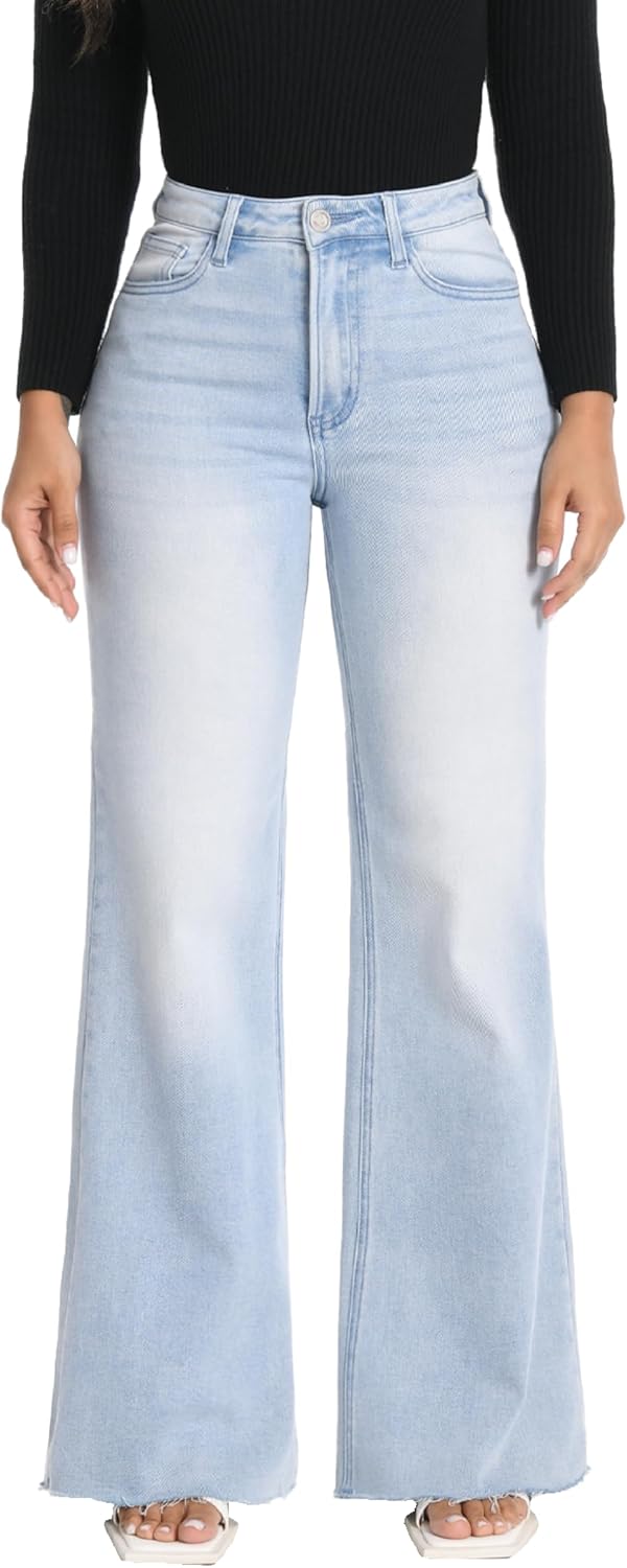 ONESO Wide Leg Jeans for Women High Waisted Stretchy Baggy Jeans BBL Loose Fit Tummy Control Denim Pants Raw Hem Casual