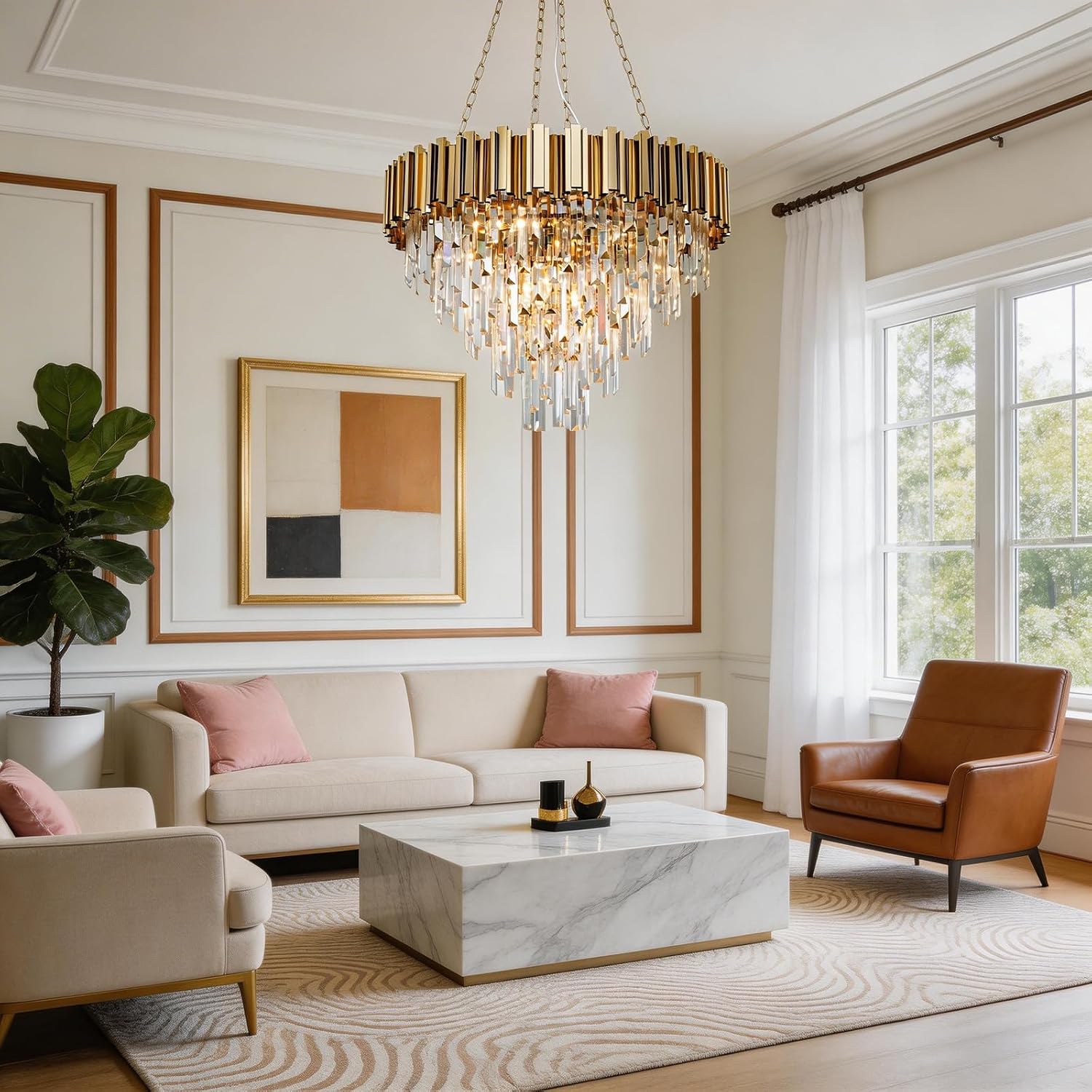Gold Crystal Chandeliers Light Fixtures Modern Chandelier 9 Lights 5 Tiers Entry Pendant Lighting Hanging Ceiling Lamp for Living Dining Room Kitchen Bedroom Hallway D27.3