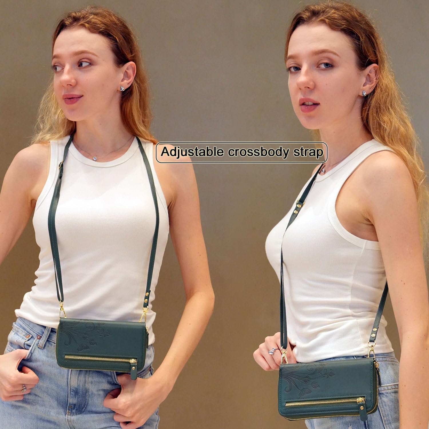 Lacass for iPhone 16 6.1 Inch 2024 Wallet Case, Crossbody Dual Zipper Detachable Magnetic Leather Wallet Case Cover Wristlets Wrist Strap 13 Card Slots Money Pocket(Floral Cyan Green) - Image 5