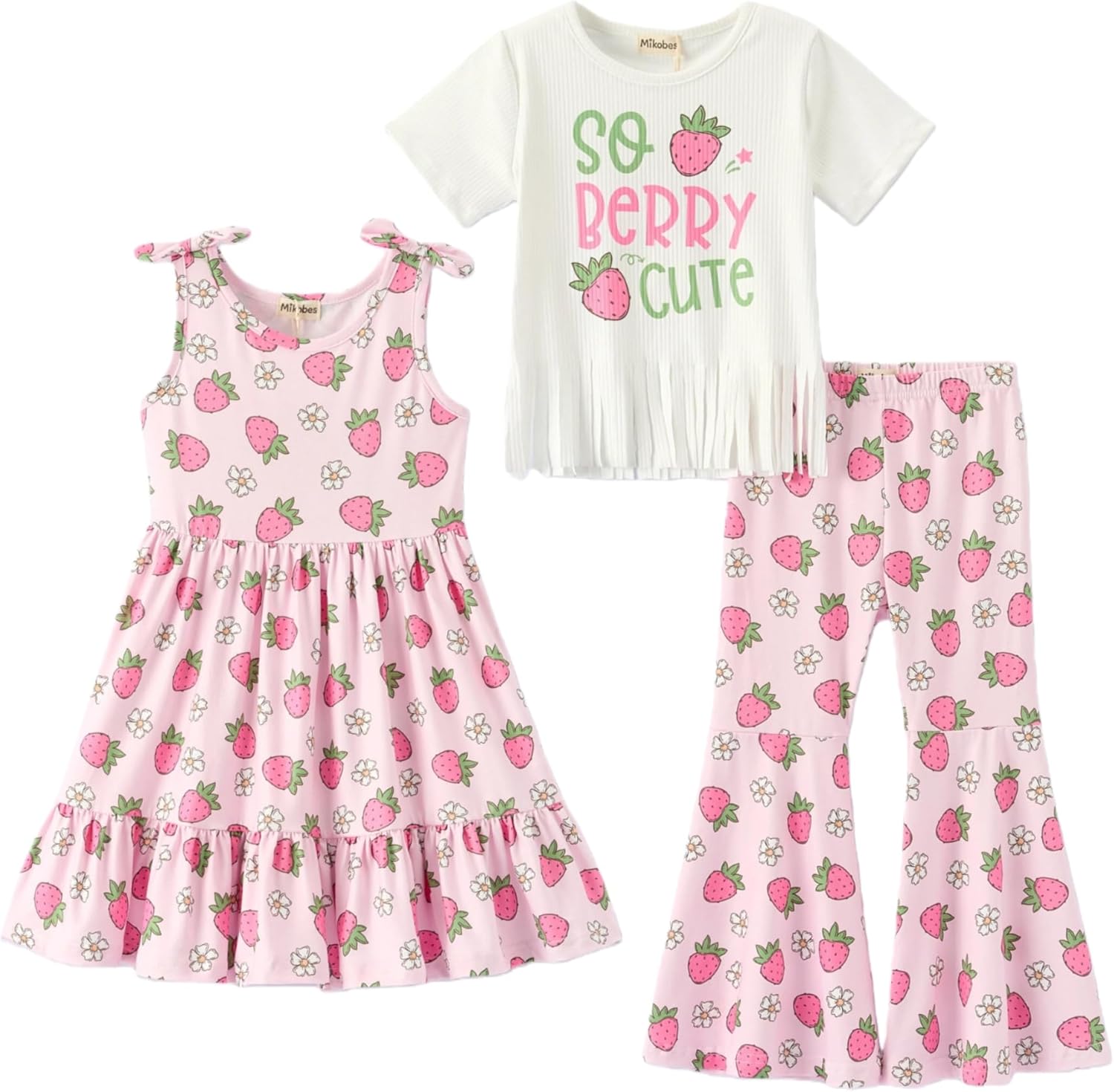 Girls’ 3-Piece Strawberry Outfit Set, Sleeveless Dress, Graphic Tee & Flared Pants, Soft Stretch Fabric, Ages 1-10