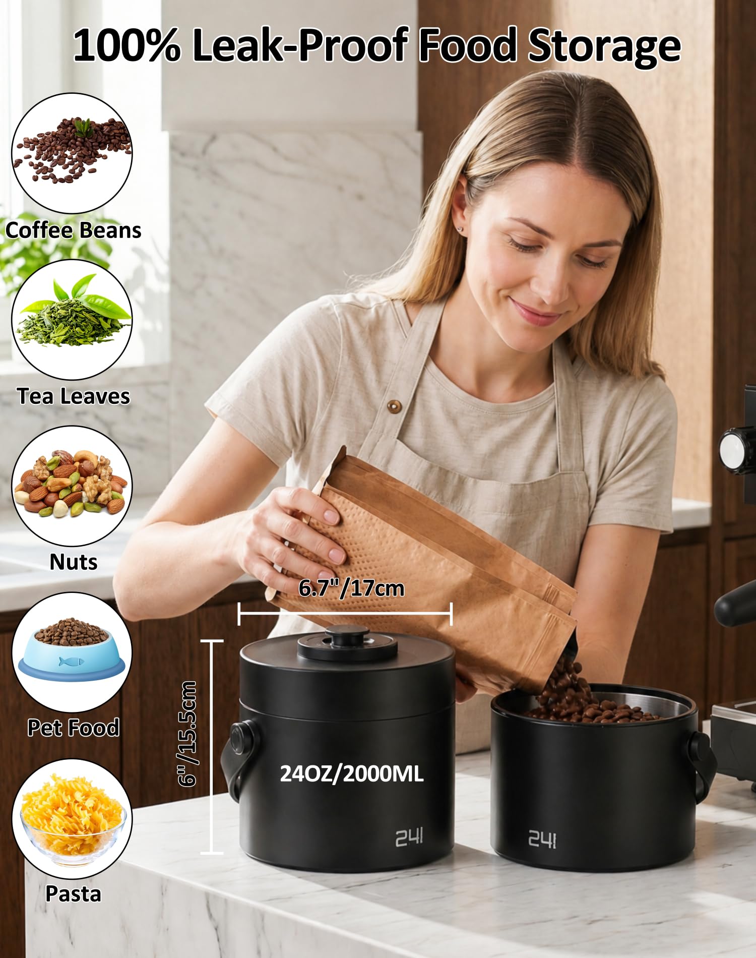 ROTTOGOON Automatischer Vakuum-Kaffeedose, wiederaufladbarer, luftdichter Kaffeebehälter mit 304 Edelstahl-Innenseite, Schaufel, Griff, versiegelte Kaffeebohnen-Aufbewahrungsbehälter für gemahlenen