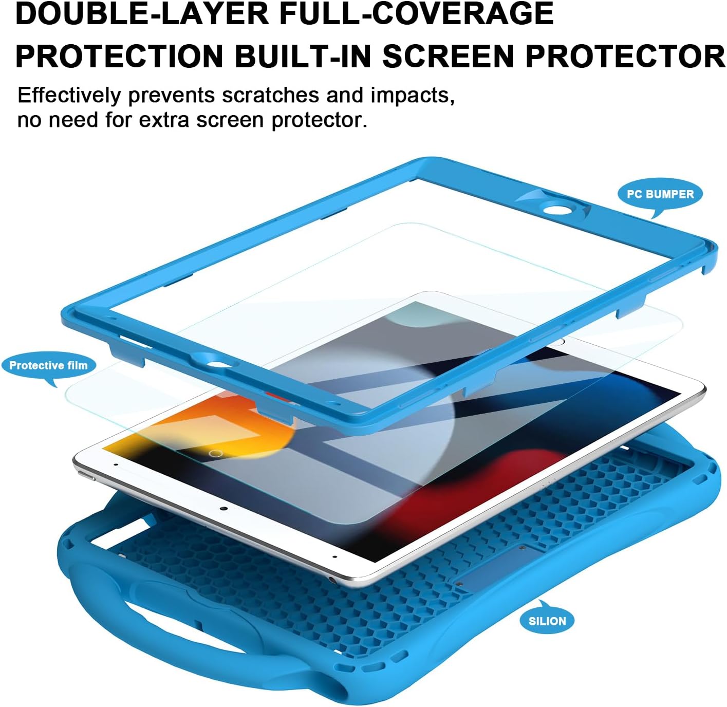 TOPESCT Kids Case for 10.2" iPad 9th/8th/7th Gen - Made of Kid-Friendly Silicone, with Built-in Screen Protector, Shockproof Handle Stand Case for iPad 9/8/7 Gen 10.2 inch (Blue) image 2
