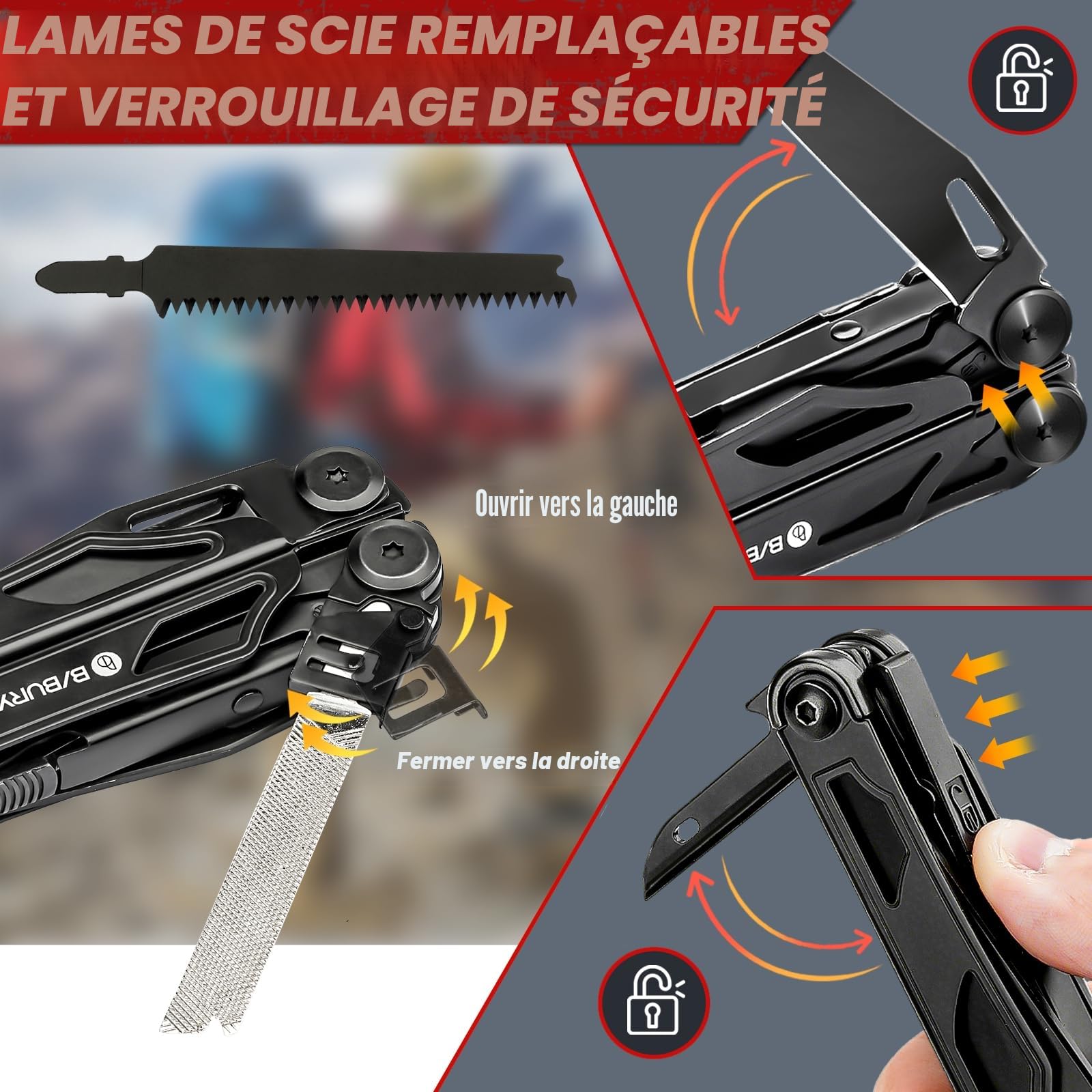 BIBURY Pince Multifonctions en Acier Inoxydable, Outil Multifonction avec Ciseaux, Scie et de Tournevis Interchangeables, Multitool pour Extérieur, Camping, Randonnée, Idee Cadeau Homme Original