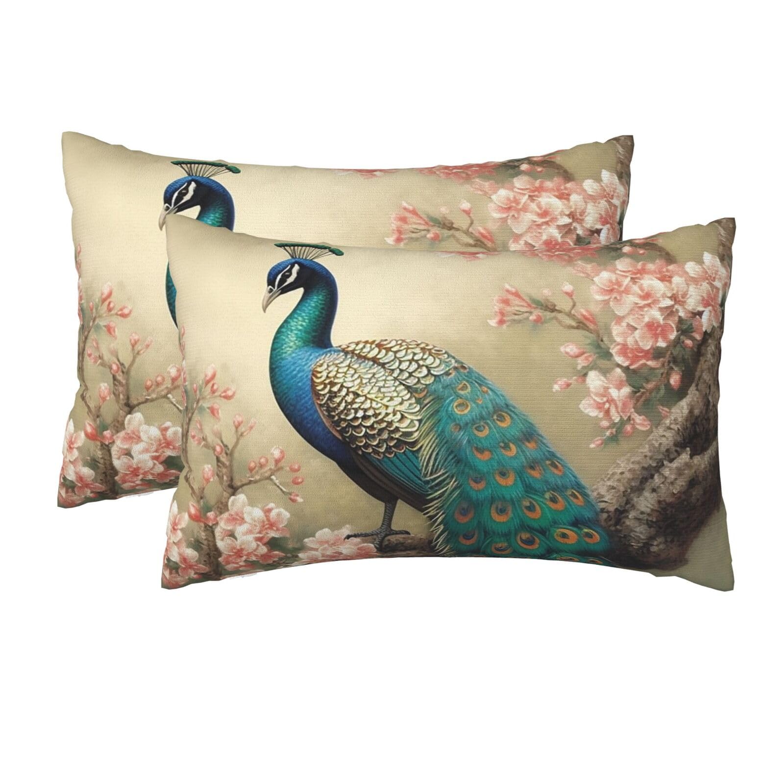 2 Pack Queen Size Pillow Cases for Hair and Skin Soft Breathable Pillow Case Covers with Hidden Zipper Oriental Peacock Pillowcase 20x30 Inches Pillow Cover for Sleeping Gift