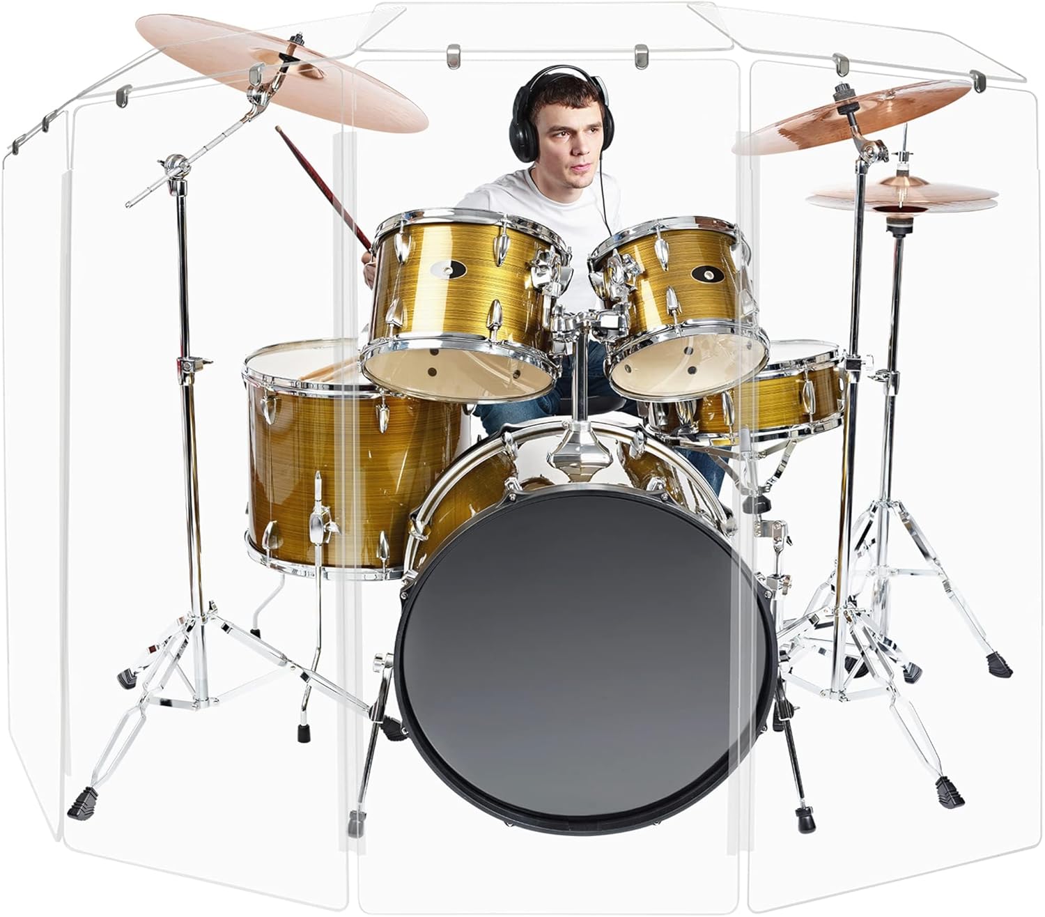 Drum Shield 4ft w/Deflectors & Plastic Hinges, Comes w/ 4 Drum Panels, Plastic Hinges & Deflector Connectors, Premium Clear Acrylic Panels