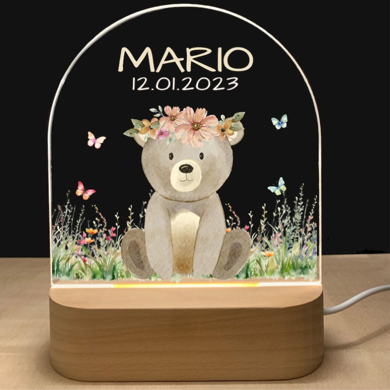 Fallover Personalised Night Light with Baby Name and Date, Custom LED Lamp for Baby Boys Girls Nursery, Cute Animals Pattern, Baby Sleep Light, Christening Birthday Christmas Day Gifts (Design 15)